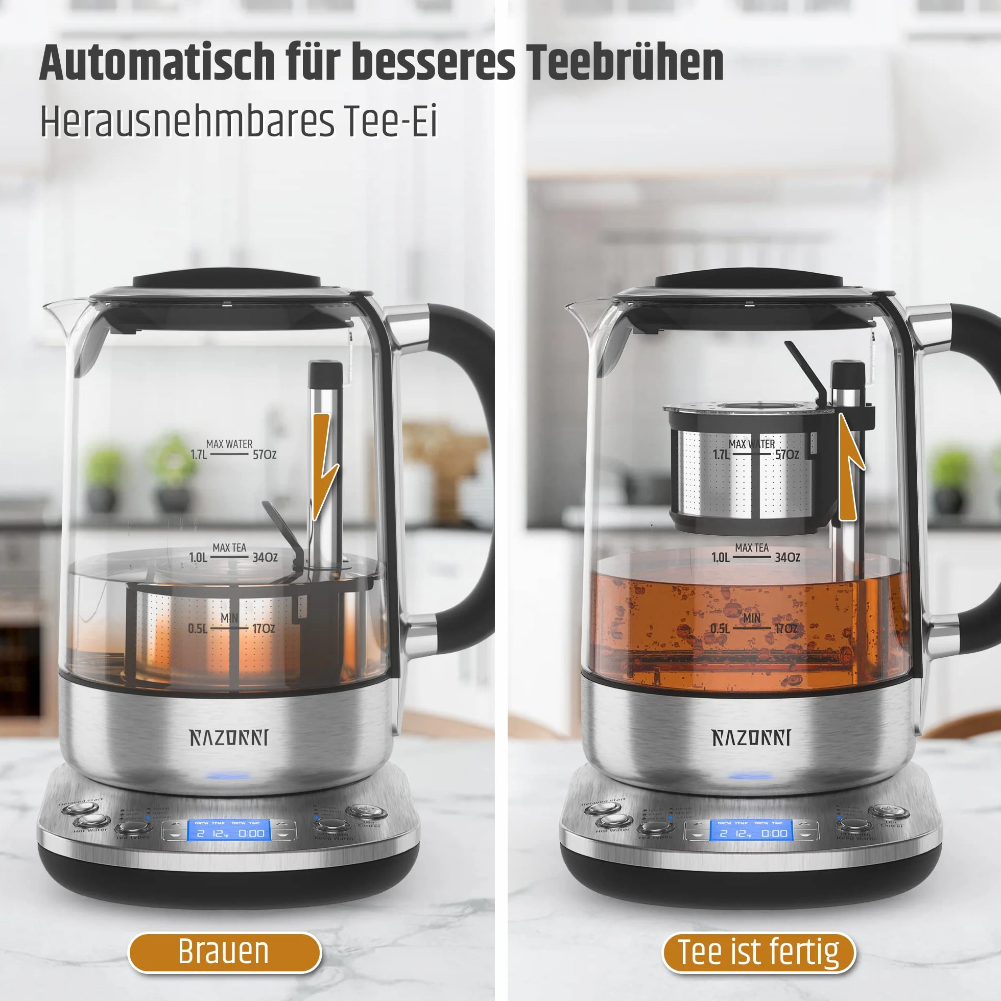 Razorri Théière électrique - 1,7 L - Panier à thé relevable automatique - 5 types de thé et 3 niveaux d'infusion - Garde au chaud jusqu'à 60 minutes - Démarrage retardé jusqu'à 24 heures