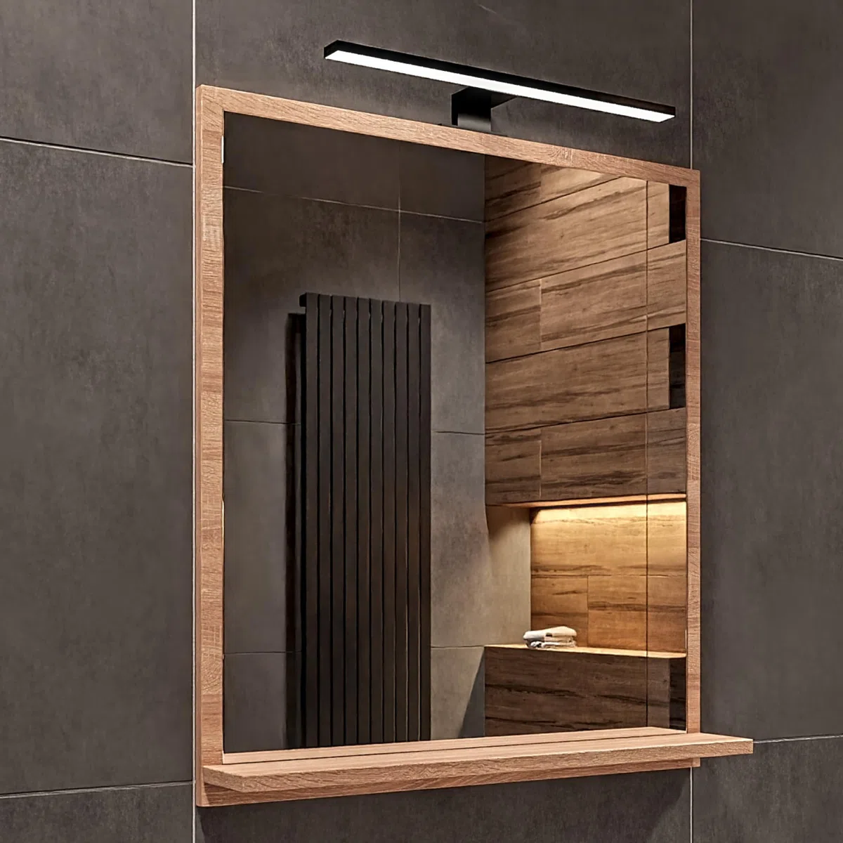 Miroir de Salle de Bain LED Sonoma avec Étagère – 60x70 cm – Éclairage 4000K IP44 – Miroir Rectangulaire Mural Moderne avec Boîtier LED Noir – Miroir avec Rangement pour Salle de Bain
