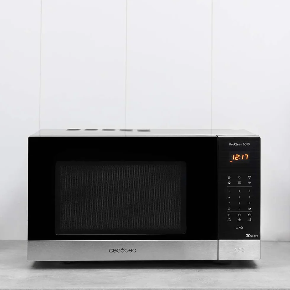 Cecotec ProClean 6010 - Micro-ondes Numérique ProClean 6010 avec revêtement Ready2Clean, Technologie 3DWave, 800 W, 23 l, Design élégant, Acier inoxydable, 8 programmes prédéterminés