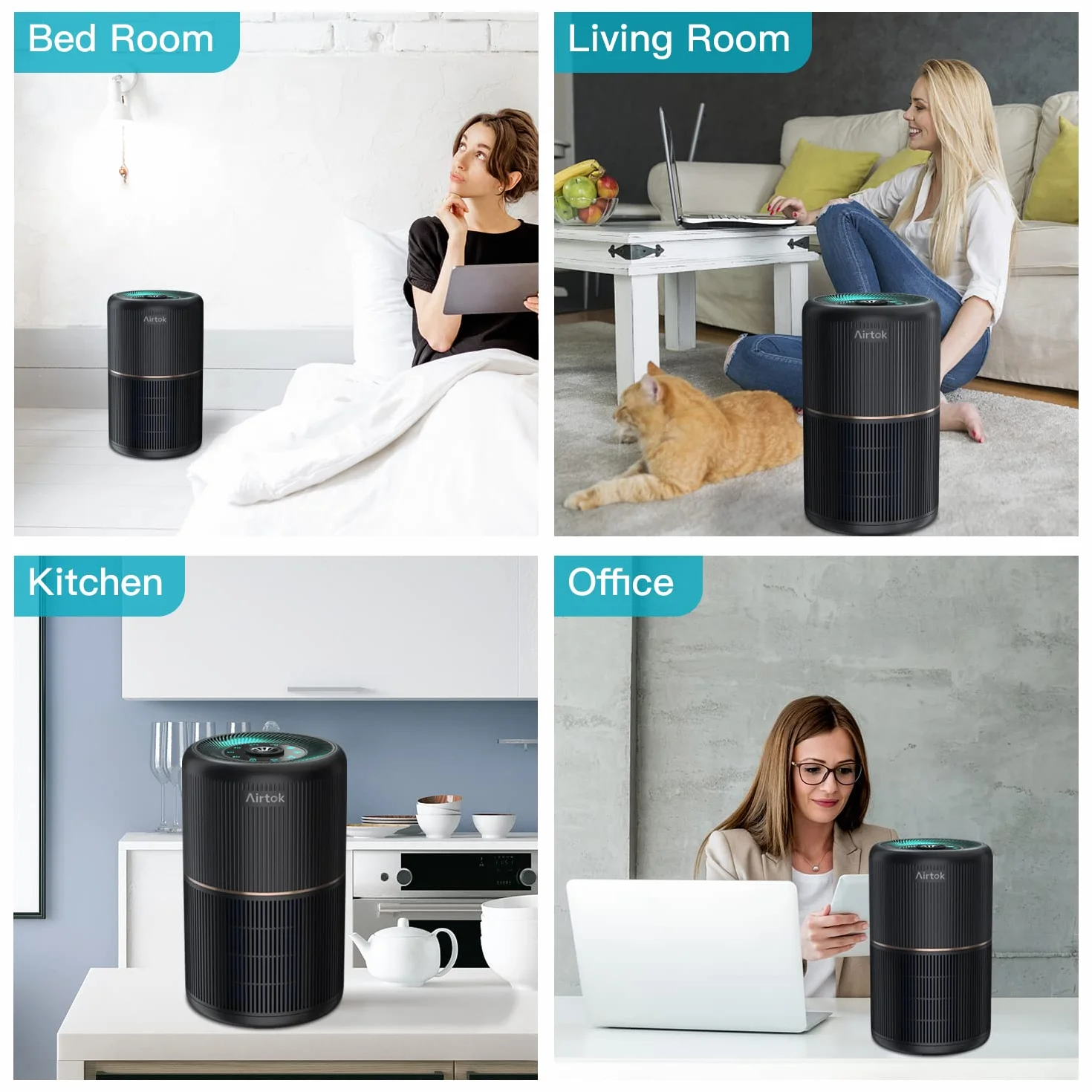 AIRTOK Purificateur d'air avec 12 éponges parfumées, purificateur d'air H13 HEPA élimine la poussière, les odeurs d'animaux, purificateur d'air domestique 4 étapes filtre à air pour chambre, bureau