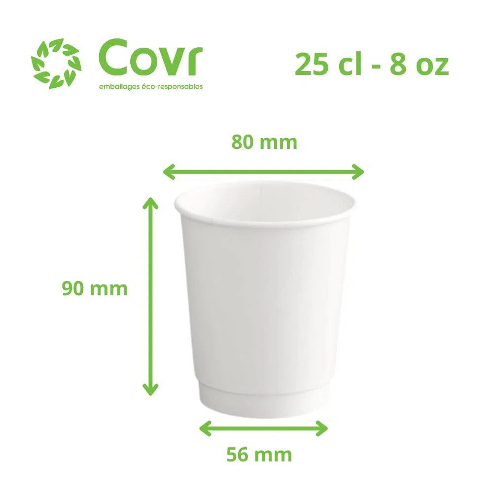 COVR 500 Gobelets Double Paroi 8 oz / 25 cl / 500 unités, Recyclables, Boisson Chaude et Boisson Froide, Solide et Bonne Prise en Main, Résistant