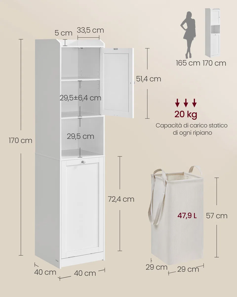 VASAGLE Meuble de Salle de Bain, Panier à Linge, Placard de Rangement Haut, avec Sac Intérieur Amovible avec Poignées, Compartiment avec Porte, 40 x 40 x 170 cm, Blanc Nuage BBC761W01