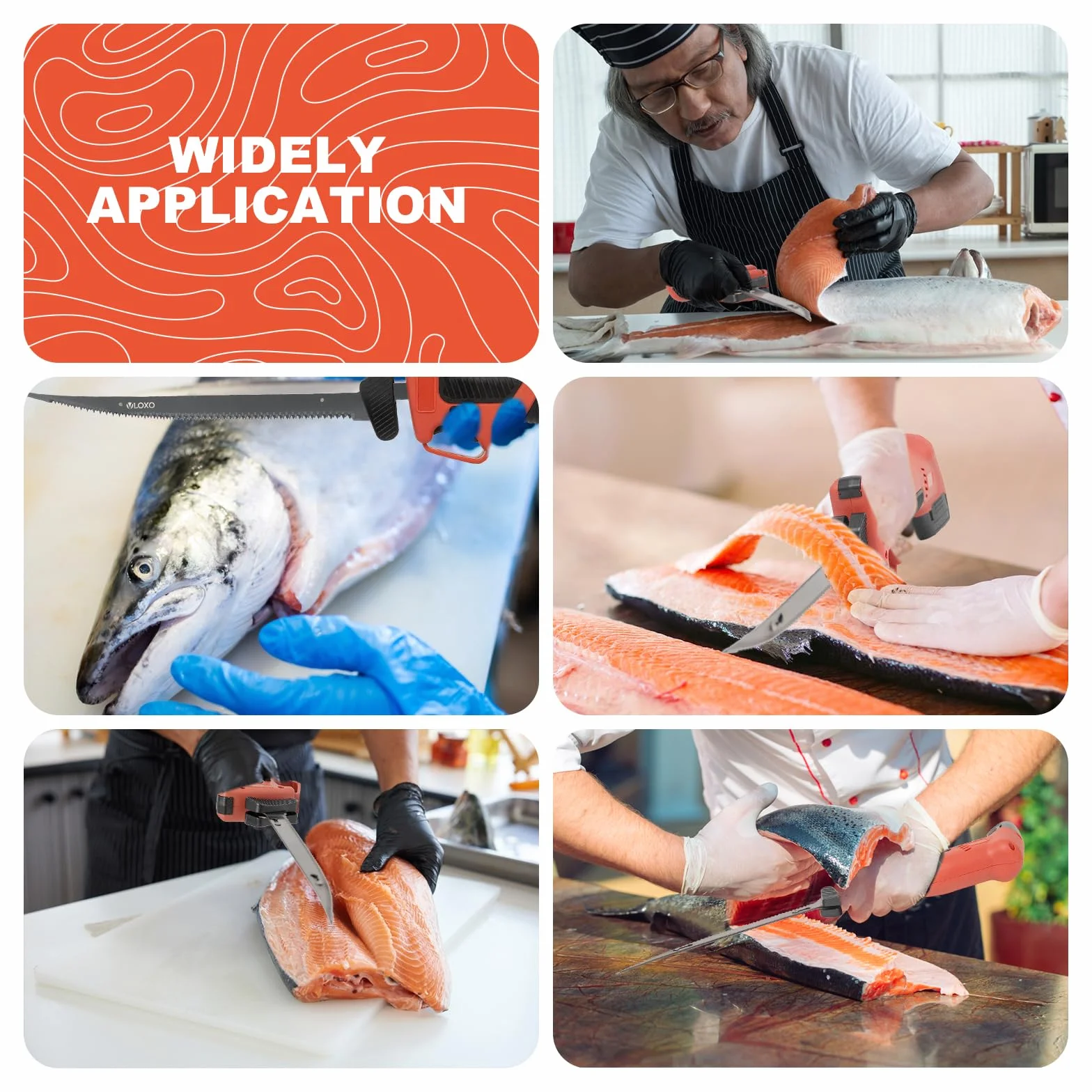 VLOXO Couteau à Filet Électrique, Couteau à Poisson Professionnel avec 4 Lames en Revêtement TiN en Acier Inoxy et Verrou de Sécurité pour Viandes, Poissons, Surgelés et Cuisine