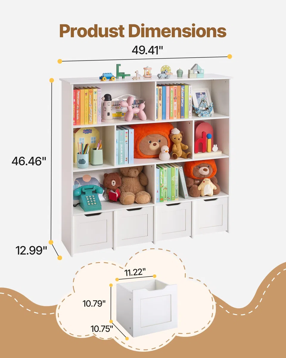 VEVOR Organisateur de Jouets en Bois, bibliothèque pour Enfants avec Rangement, Meuble de Rangement pour Jouets avec 4 tiroirs Mobiles, pour Chambre, crèche, Salon, entrée, école Maternelle, Blanc