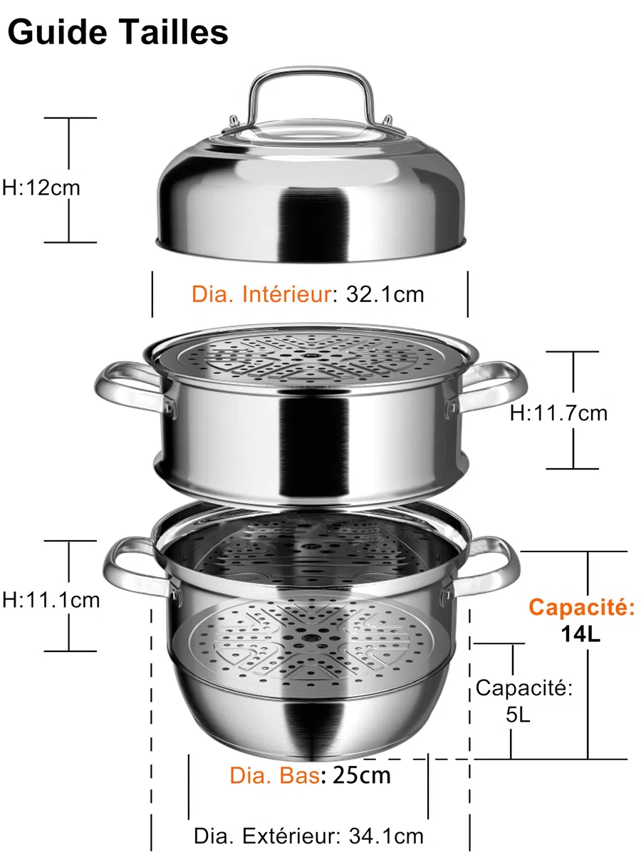 VENTION Cuiseur Vapeur INOX 34 cm, Cuit Vapeur Induction 3 Etages