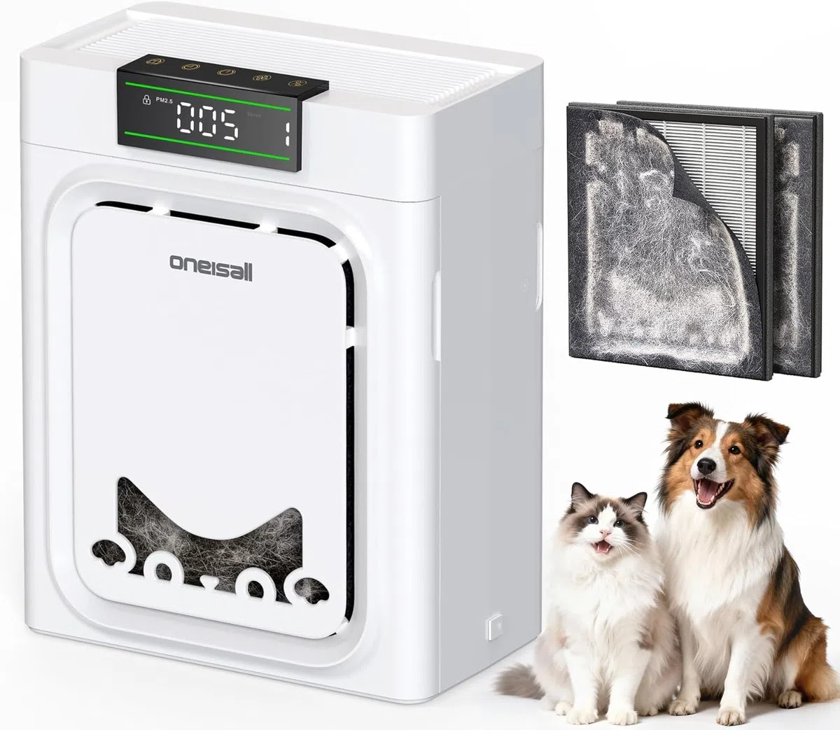 oneisall Purificateur D'Air Pour Animaux, Filtres HEPA Lavables Des Deux Côtés, Pour Grandes Pièces Jusqu'À 204 m², Élimine Poils, Odeurs, Allergènes, Pellicules, Fumée & Poussière, PP02