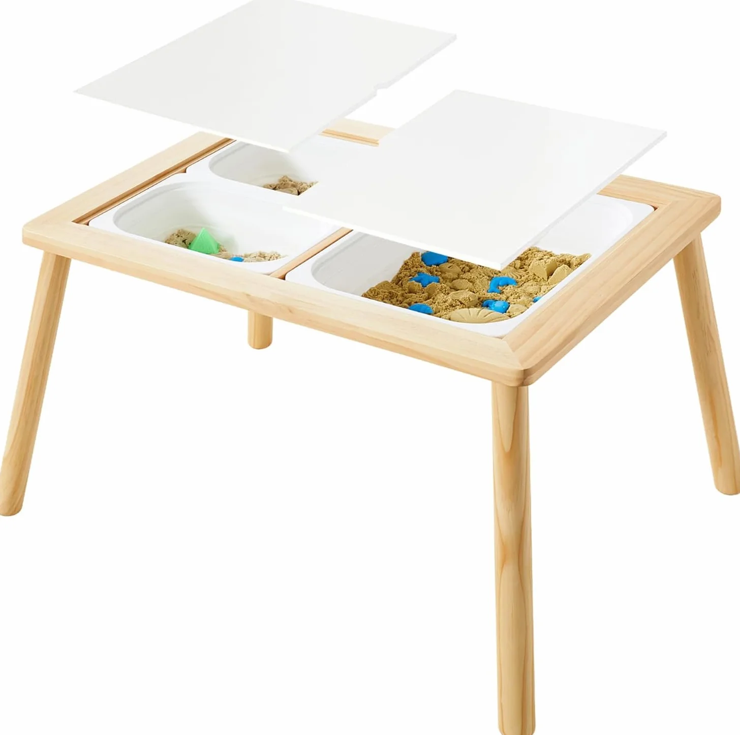 Asweets Table pour Enfants, Sensorielle en Bois, Multifonctionnelle de Sable d'activité, Table Sable et Eau avec 3 Bassins Pliants et 2 Couvercles, pour Étude et Repas