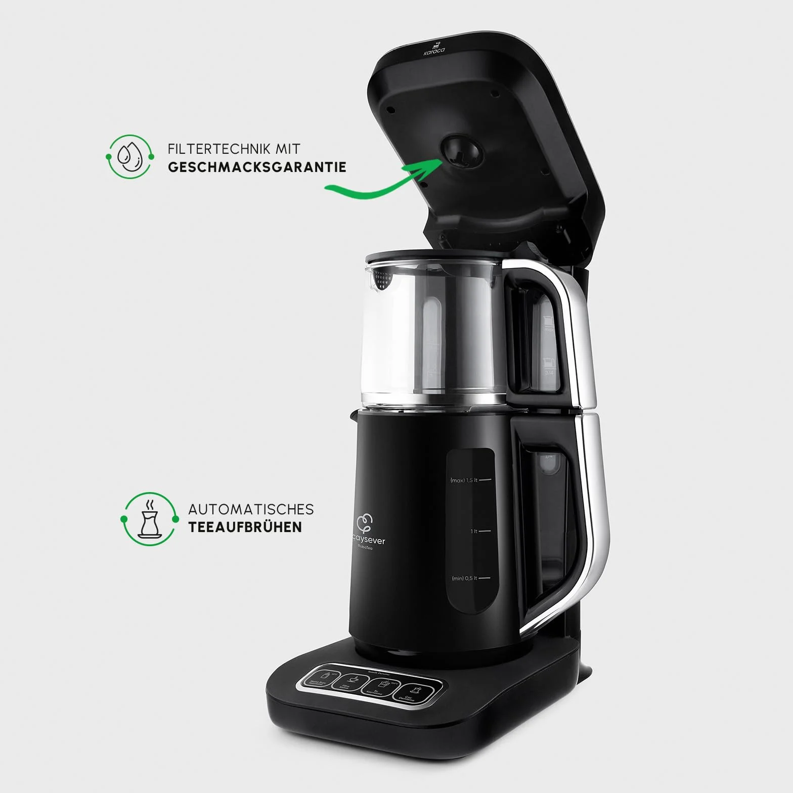 Karaca Caysever Robotea Pro 4-en-1 Theiere Electrique Automatique, Machine à Café Filtré, Bouilloire à Thé, Theiere avec Infuseur, 2500W, Chrome