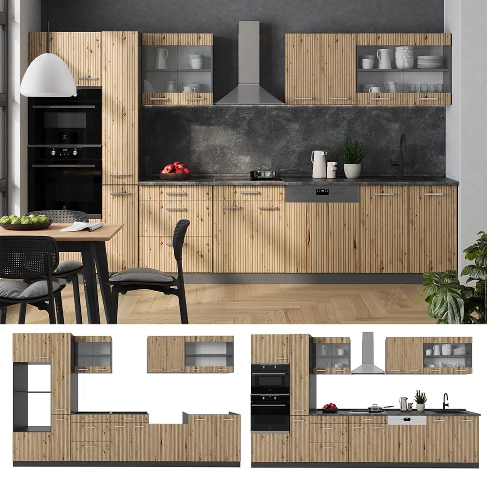 Vicco Cuisine R-Line, Chêne Artisan/Anthracite, 350cm avec Armoire Haute, PT Anthracite, adapté à Une Extension Flexible avec des modules supplémentaires