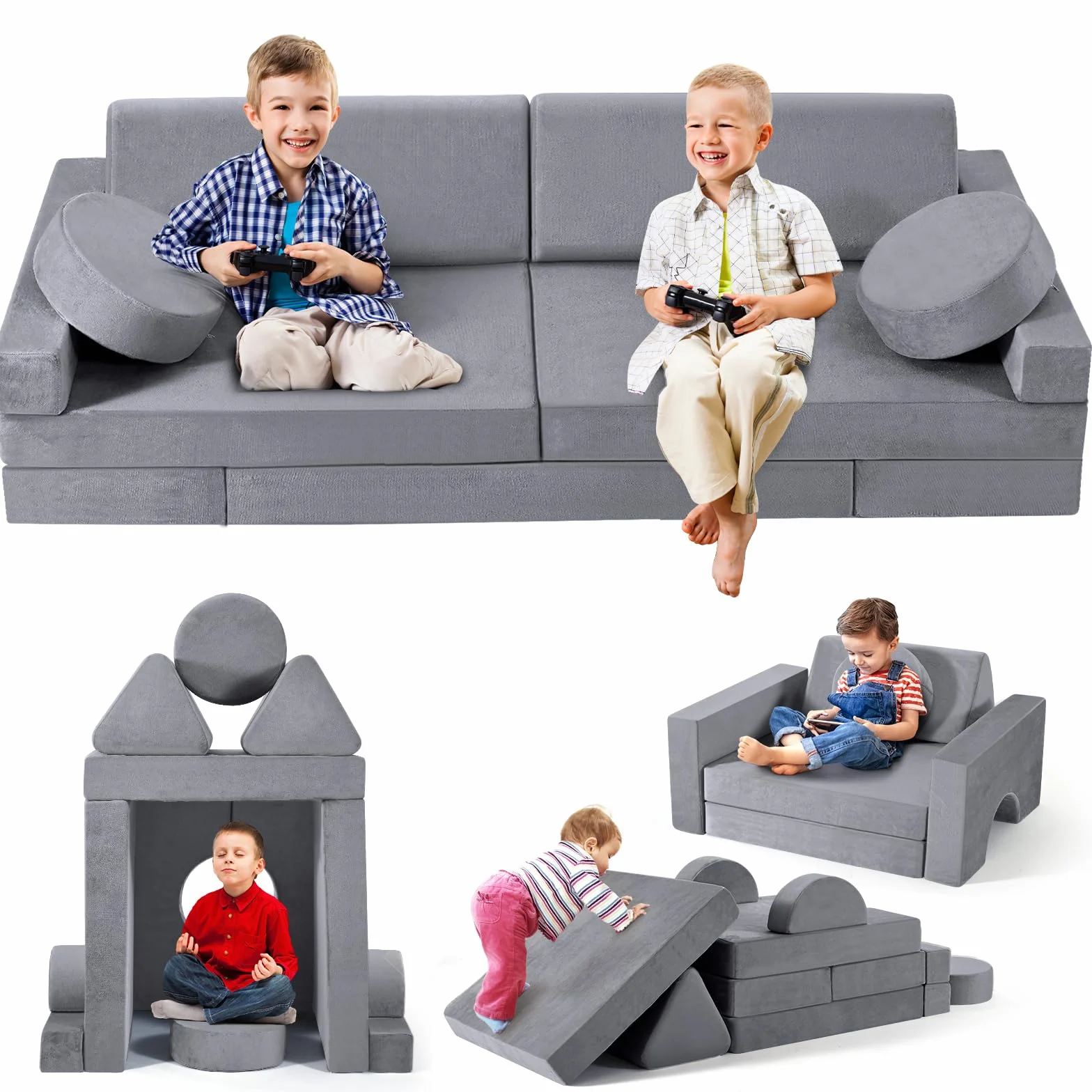 Canapé pour Enfants, canapé pour Enfants avec Blocs de Mousse, canapé modulable Pliable Multi-Styles, pour Espace de Couchage et Salle de Jeux pour Enfants (Gris-14pcs)