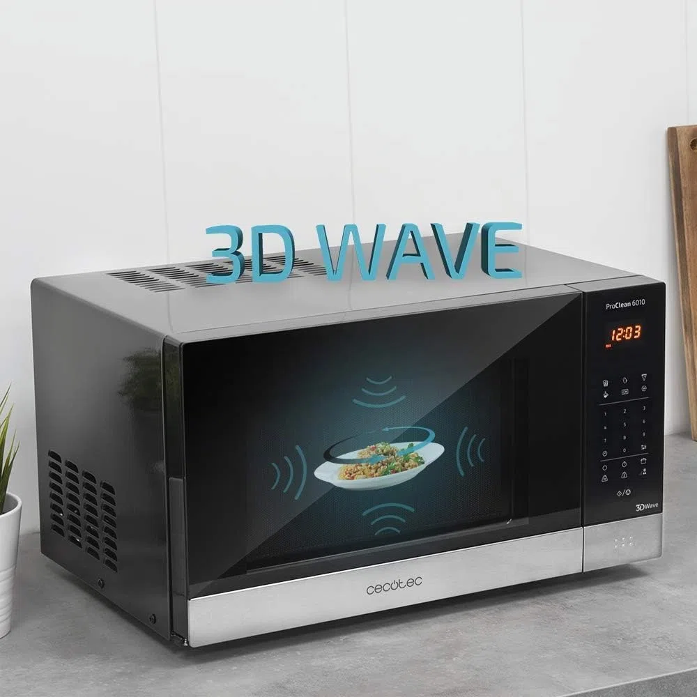 Cecotec ProClean 6010 - Micro-ondes Numérique ProClean 6010 avec revêtement Ready2Clean, Technologie 3DWave, 800 W, 23 l, Design élégant, Acier inoxydable, 8 programmes prédéterminés