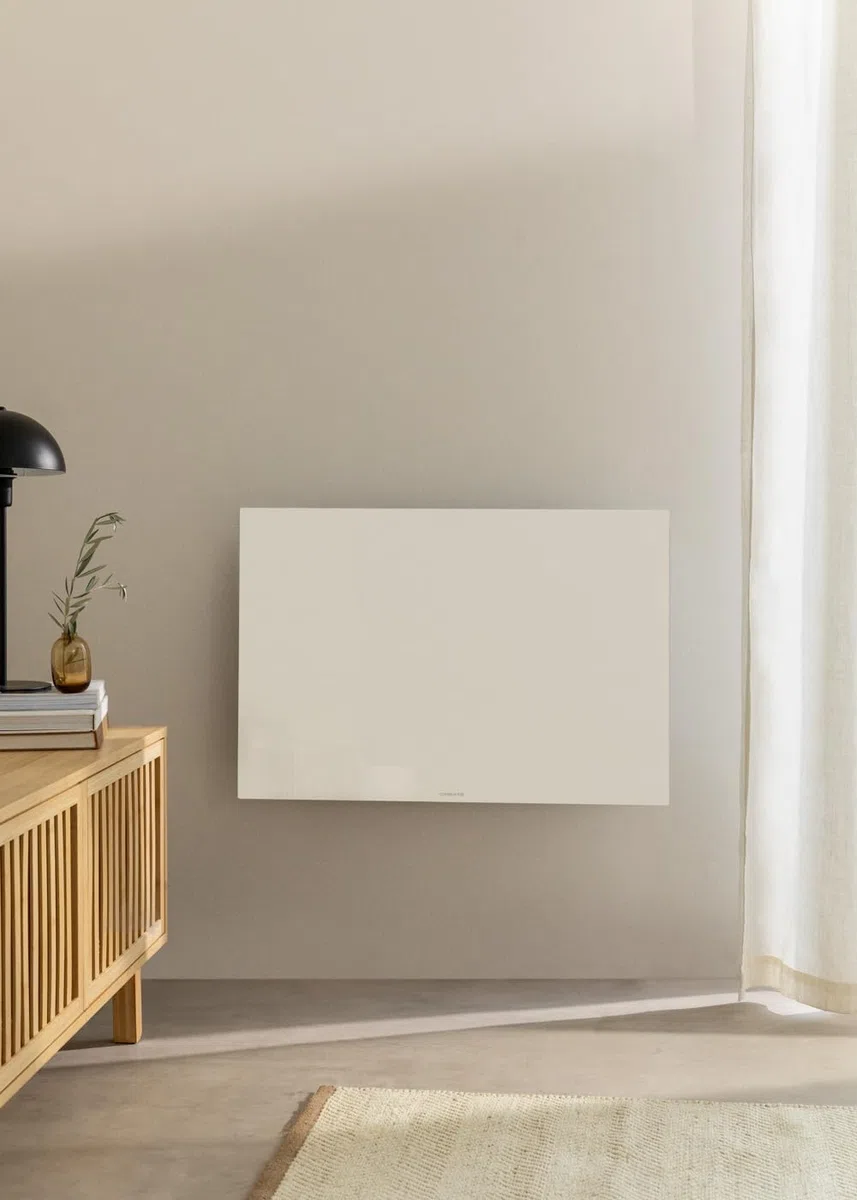 CREATE/WARM MINIMAL IR/Chauffage infrarouge mural avec WiFi blanc cassé/Pour des pièces allant jusqu'à 10m², contrôle via l'application, protection IP24, finition miroir, 520W