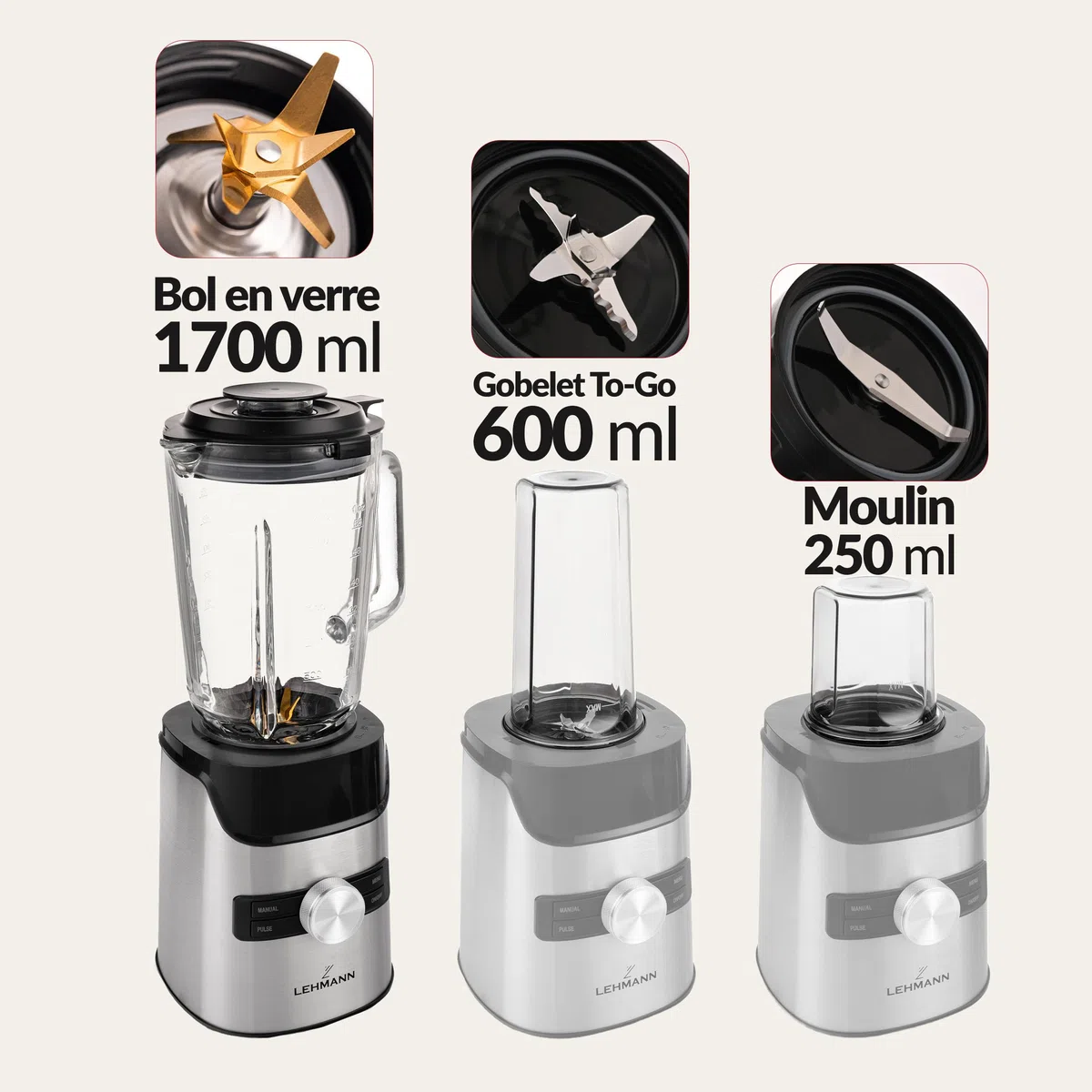 LEHMANN Blender avec Bol en Verre 1,7 L, 10 Vitesse Ajustable, Pulse et 3 Programmes - Smoothie, Milkshake, Glace Pilée, Nettoyage Facile, Bouteille Blend & Go et Moulin sans BPA, 1400 W, Argent