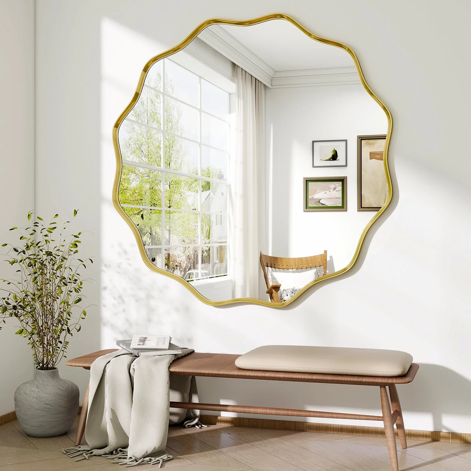BEAUTYPEAK Miroir rond de 106 cm - Avec bord ondulé - Cadre en aluminium - Grand miroir rond à suspendre et à s'appuyer - Miroir mural rond pour chambre à coucher, salle de bain, couloir - Doré