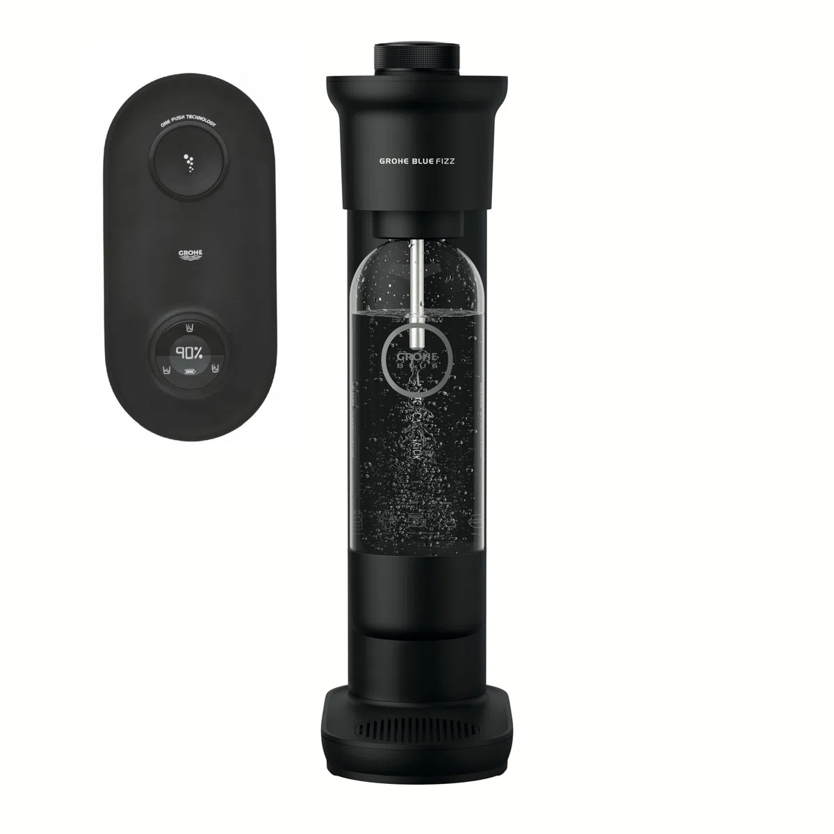 GROHE Blue Fizz Premium Machine à Eau Gazeuse (Affichage et Préréglage Niveau CO2, Bouteille de CO₂ non incluse), Batterie intégrée et rechargeable, Buse Acier Inoxydable, Noir, 31947K00