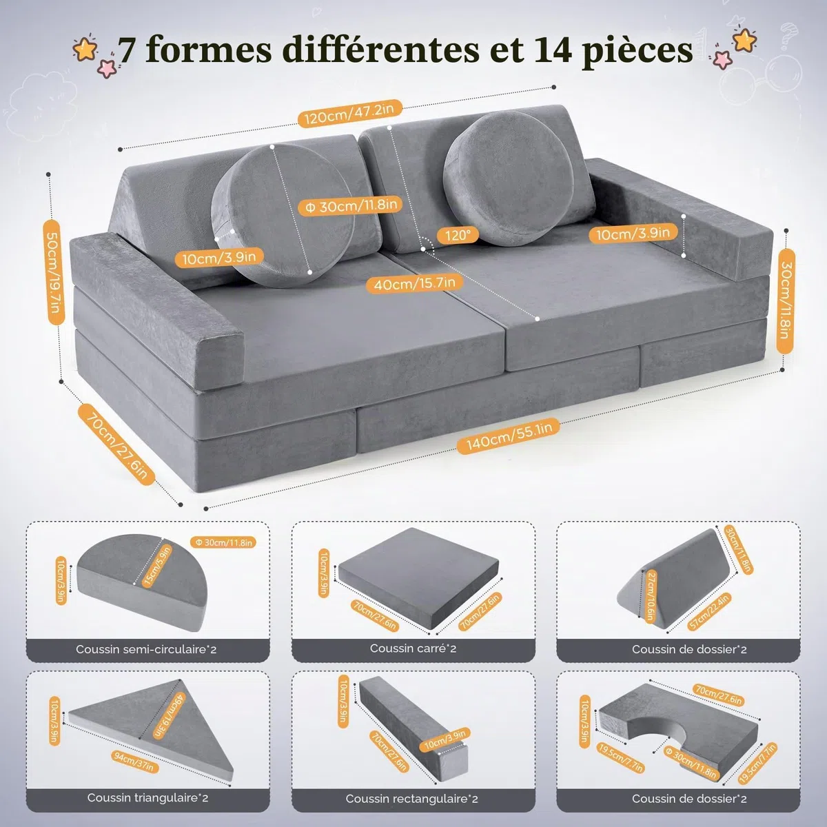 Canapé pour Enfants, canapé pour Enfants avec Blocs de Mousse, canapé modulable Pliable Multi-Styles, pour Espace de Couchage et Salle de Jeux pour Enfants (Gris-14pcs)