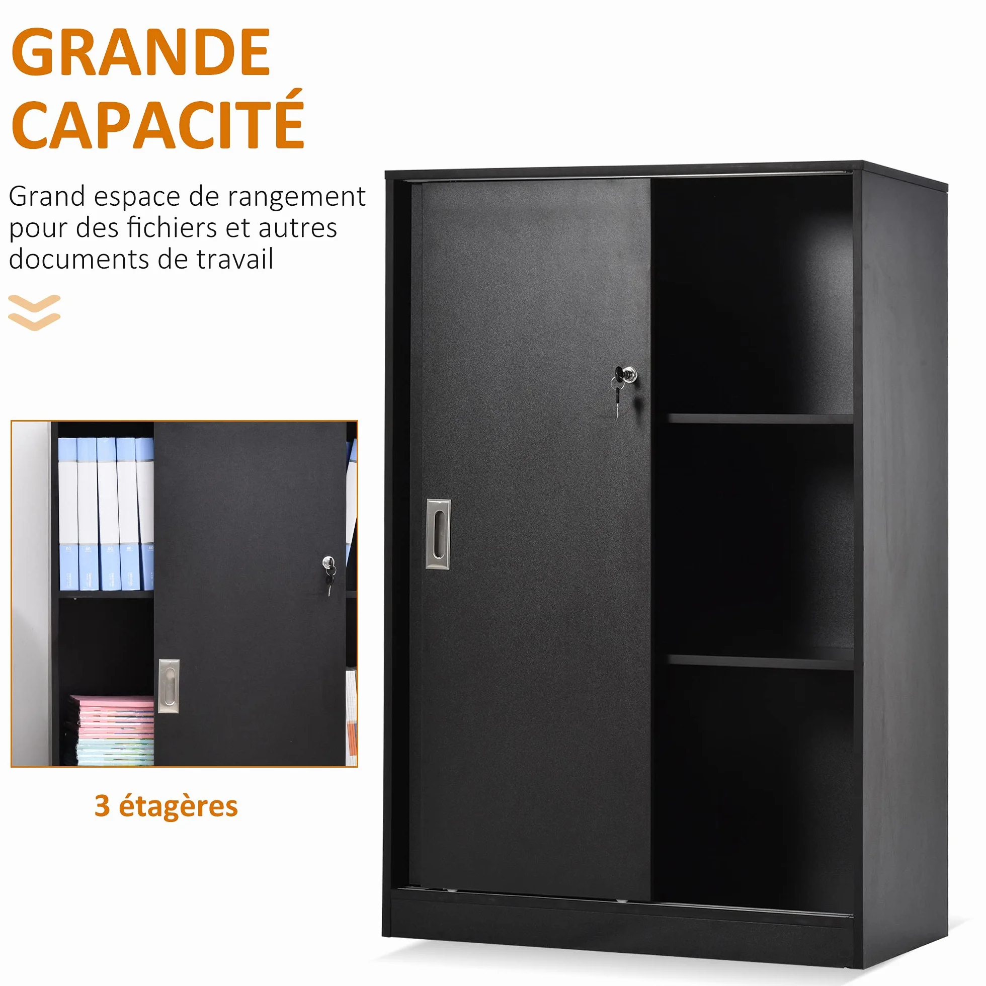 HOMCOM Armoire de Bureau 2 Portes coulissantes verrouillables dim. 80L x 40l x 120H cm 2 étagères Panneaux Particules Noir