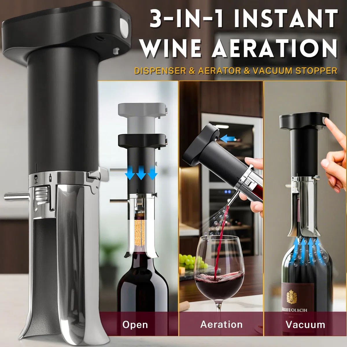 ZONSUSE Aérateur de Vin Électrique, 3-en-1 Distributeur de Vin, Verseur et Carafe Intégrés, Système de Préservation du Vin, Conserve le Vin 10+ Jours, Cadeau pour les Amateurs de Vin (Noir Argent)