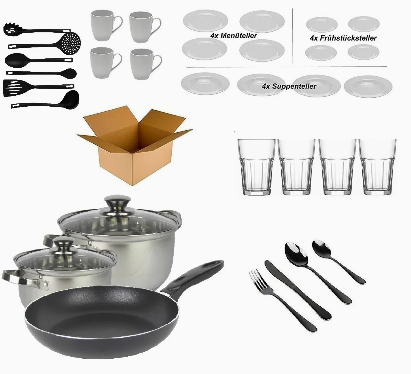 'BUDGET Kit de démarrage "4 personnes – résidentiel Starter Paquet de configuration – Paquet de configuration – (Cuisine, Couverts, Vaisselle)