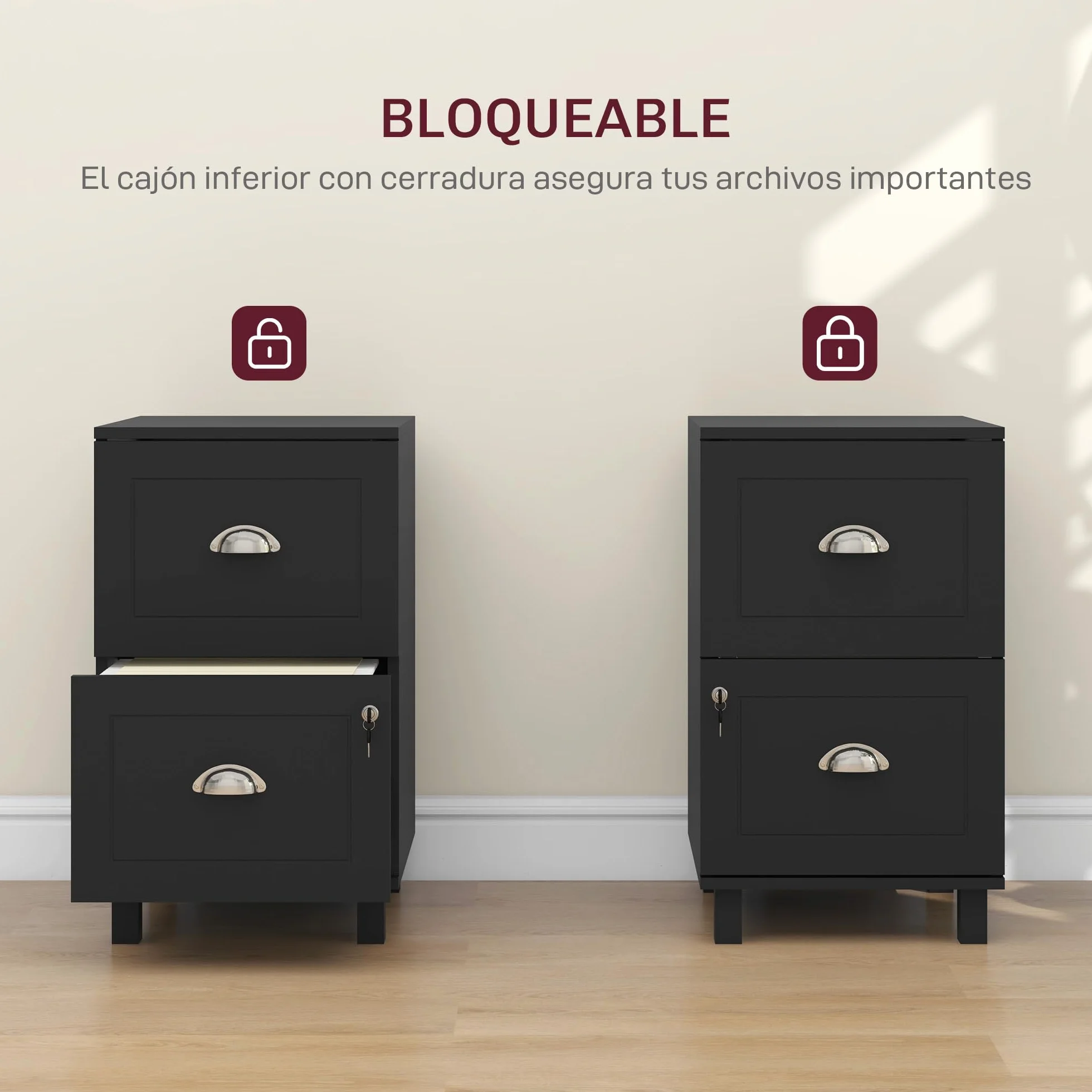 HOMCOM Armoire à tiroirs de Bureau Armoire à dossiers avec 2 tiroirs à tiroirs de Bureau avec serrures à dossiers Suspendus pour A4 et Letter 40x41,5x67,5 cm Noir