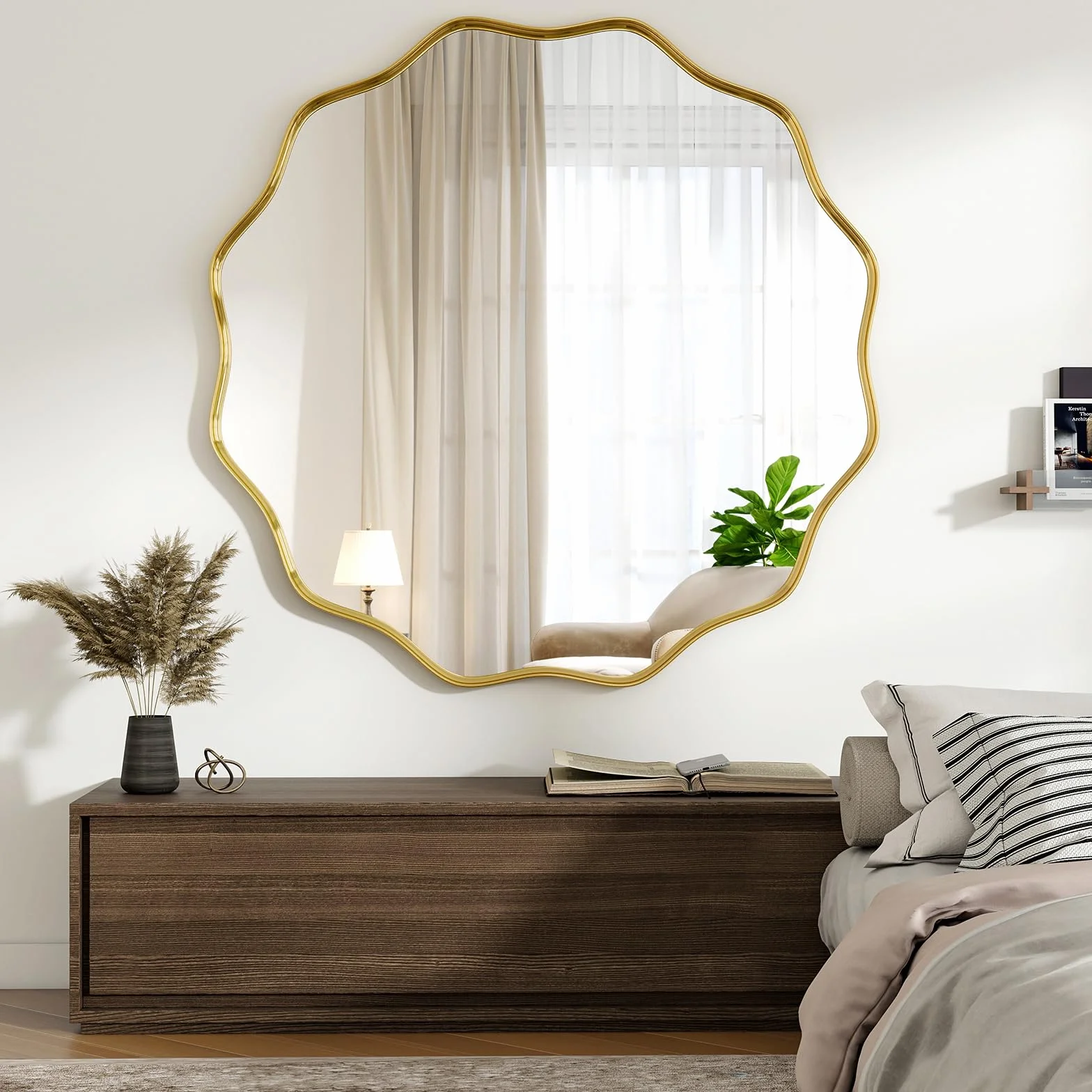 BEAUTYPEAK Miroir rond de 106 cm - Avec bord ondulé - Cadre en aluminium - Grand miroir rond à suspendre et à s'appuyer - Miroir mural rond pour chambre à coucher, salle de bain, couloir - Doré