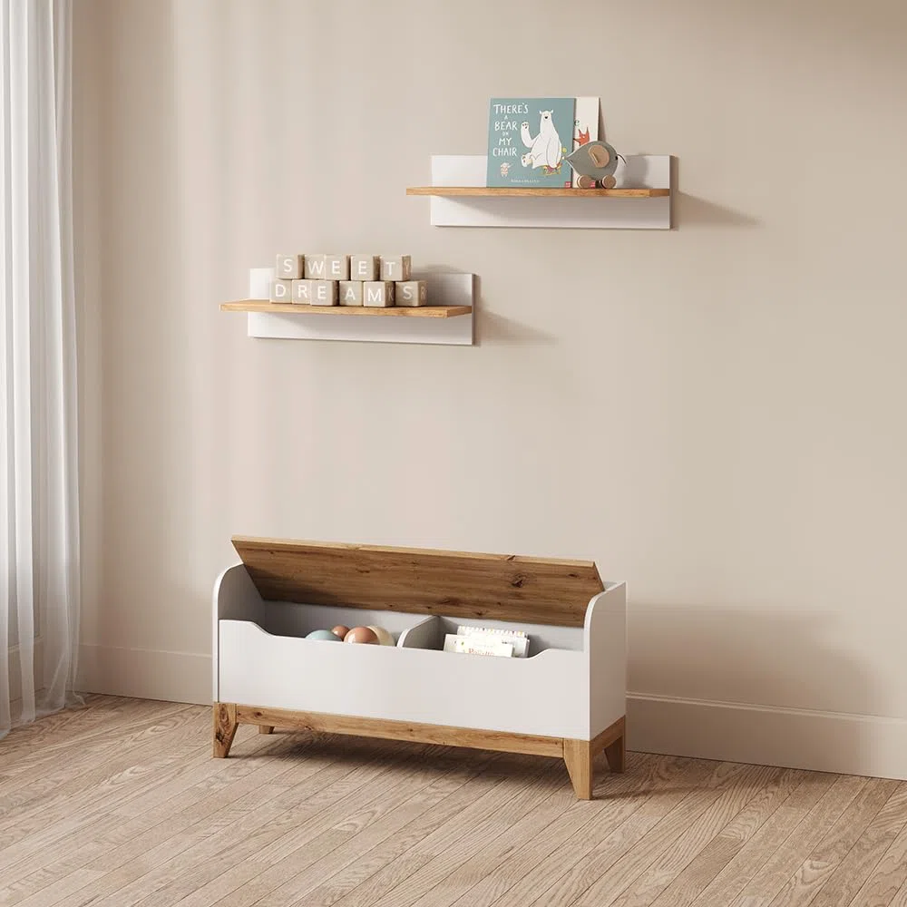 Livinity Coffre à Jouets Mailo, Blanc/Artisan, 107.2x50cm avec Banc