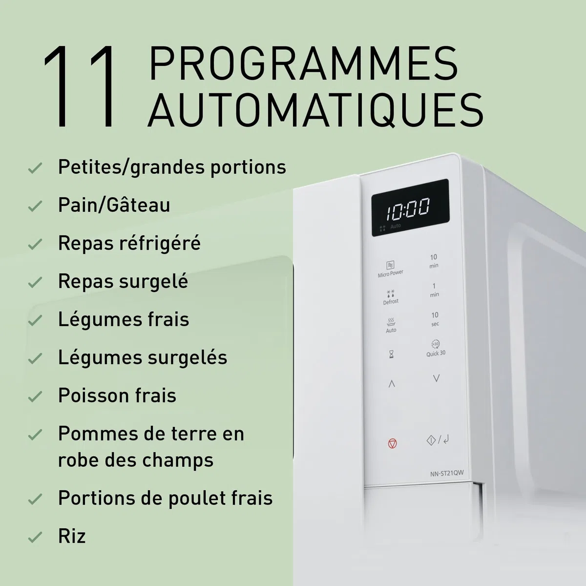 Panasonic NN-ST21QWEPG Four Micro-Ondes Solo 20L avec Plateau en Verre, 800W, Décongélation Automatique, 11 Programmes Automatiques, Affichage LED, 5 Niveaux de Puissance, Minuterie Numérique, Blanc