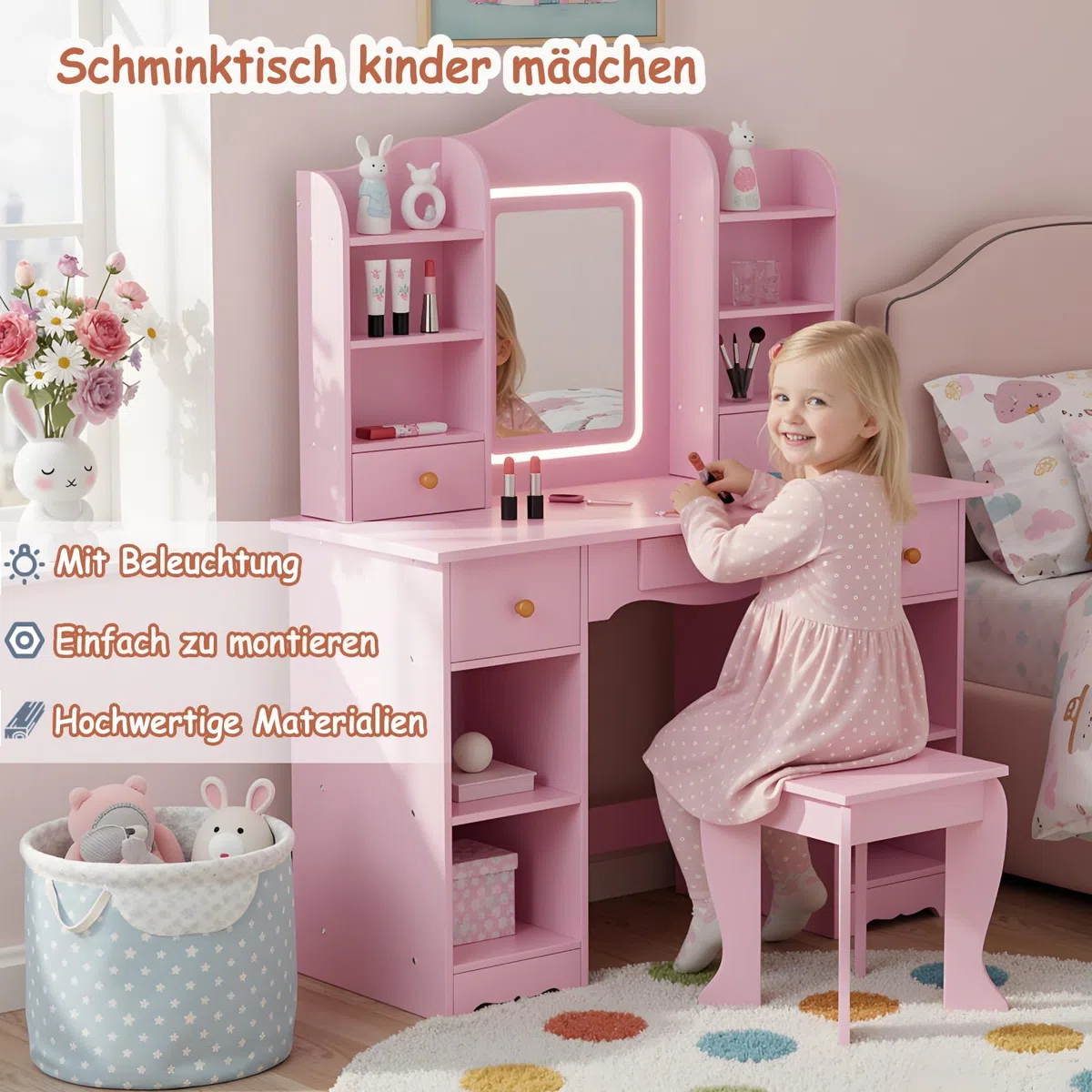 MAMIZO Coiffeuse pour Enfants avec Miroir LED, Coiffeuse pour Fille avec Tabouret, Table de Maquillage Fille avec 5 Tiroirs et 10 Compartiments de Rangement, 95x34x118cm, Bureau pour Enfant (Rose)