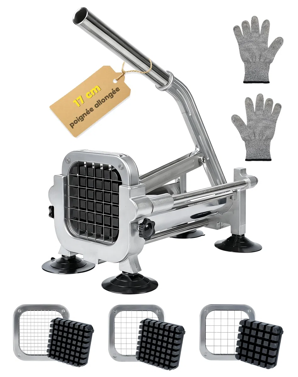 Coupe-Frites Manuel en Acier Inoxydable Coupe Frite Professionnel avec Lames 6,5 mm / 9 mm / 13 mm Coupe Pomme De Terre pour Frite Idéal pour Patates Douces Carottes Et Concombres