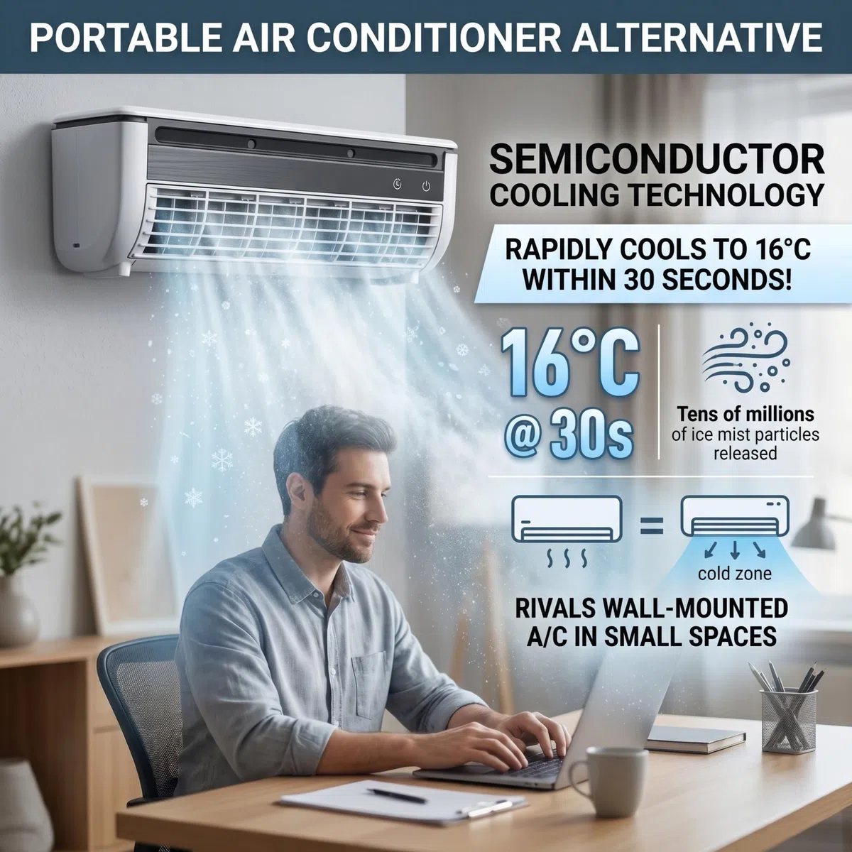 Ventilateur de climatisation, mini climatiseur et ventilateur de climatisation, refroidisseur brume mural sans perçage, rechargeable 6000 mAh, blanc, mini climatiseur