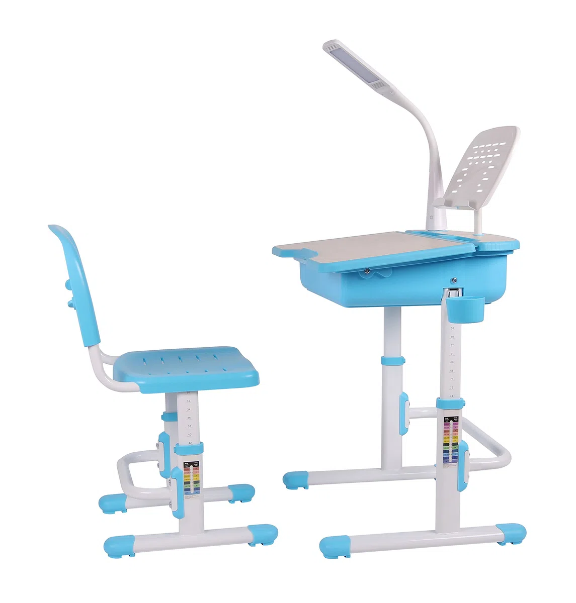 Leomark Bureau Ergonomique avec Une Chaise et Lampe pour Enfants Couleur Bleu Réglage en Hauteur - Tabouret d'enfants Apprendre et s'Amuser Chambre d'enfants Equipement de Salle
