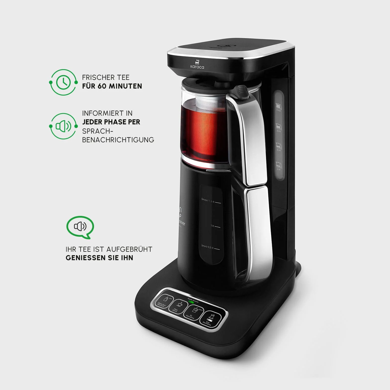 Karaca Caysever Robotea Pro 4-en-1 Theiere Electrique Automatique, Machine à Café Filtré, Bouilloire à Thé, Theiere avec Infuseur, 2500W, Chrome