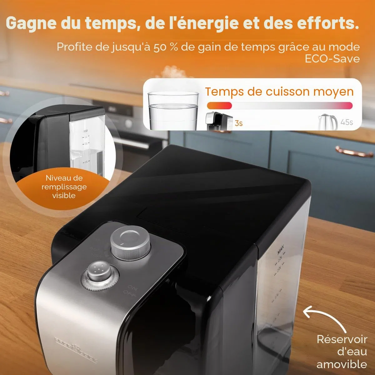 Distributeur d'eau chaude ProfiCook | eau chaude en 3 secondes | bouilloire électrique | capacité de 2,2 litres | boîtier en acier inoxydable | affichage en acier inoxydable | 2600 watts | PC-HWS 1168