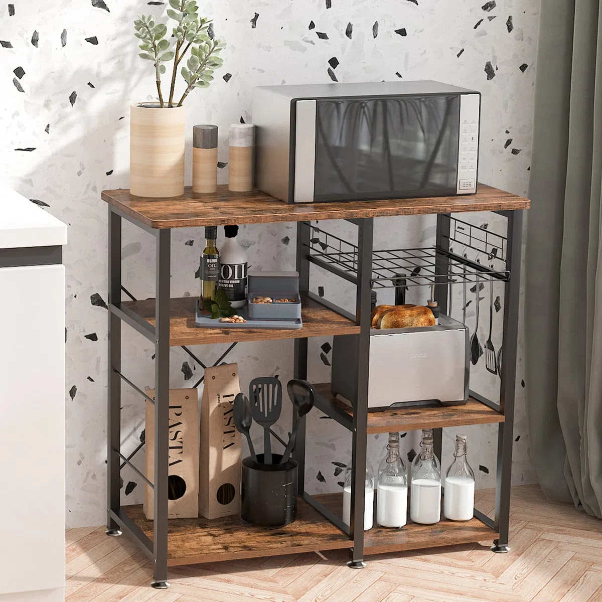SogesHome Meuble Rangement Desserte de Cuisine Étagère Four à Micro-Ondes Rack Cuisine Etagères de Cuisine,avec 3+3 Tablettes et Petits Crochets, 90 x 39 x 83 cm