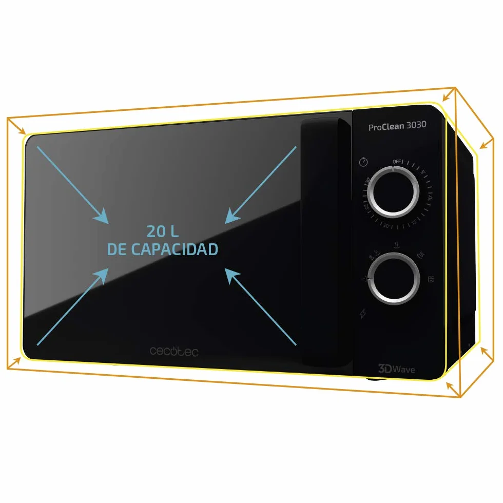 Cecotec Micro-ondes ProClean 3030. Capacité de 20 L, Revêtement Ready2Clean, 700 W de Puissance, 6 Niveaux de Fonctionnement, Minuterie 30 minutes, Mode Décongeler, Finition Noir.