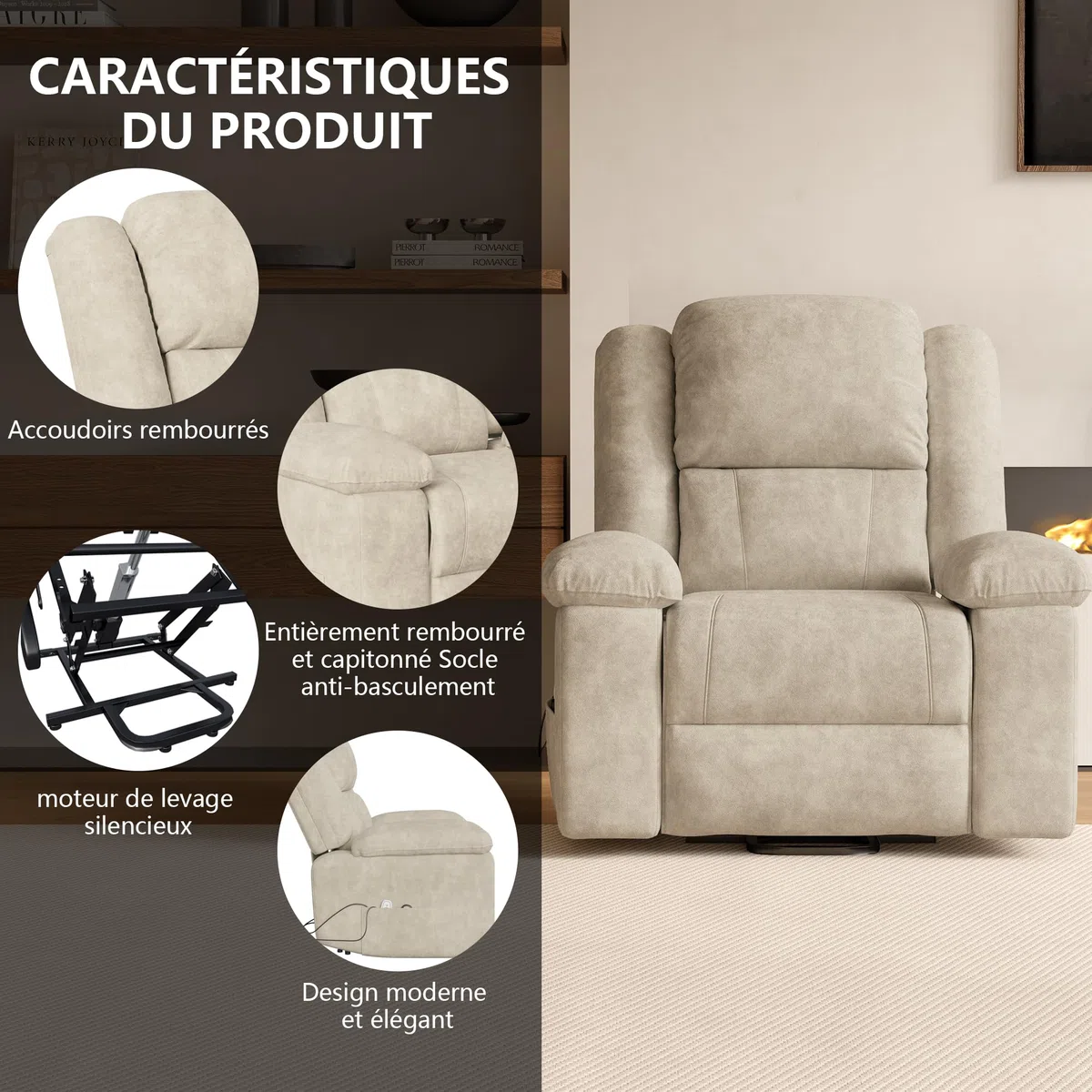 LIVLUX Fauteuil de Massage électrique, Fauteuil releveur électrique avec Fonction Massage et Chaleur, avec Poches latérales et Repose-Pieds Extensibles, canapé de Relaxation inclinable (Beige)