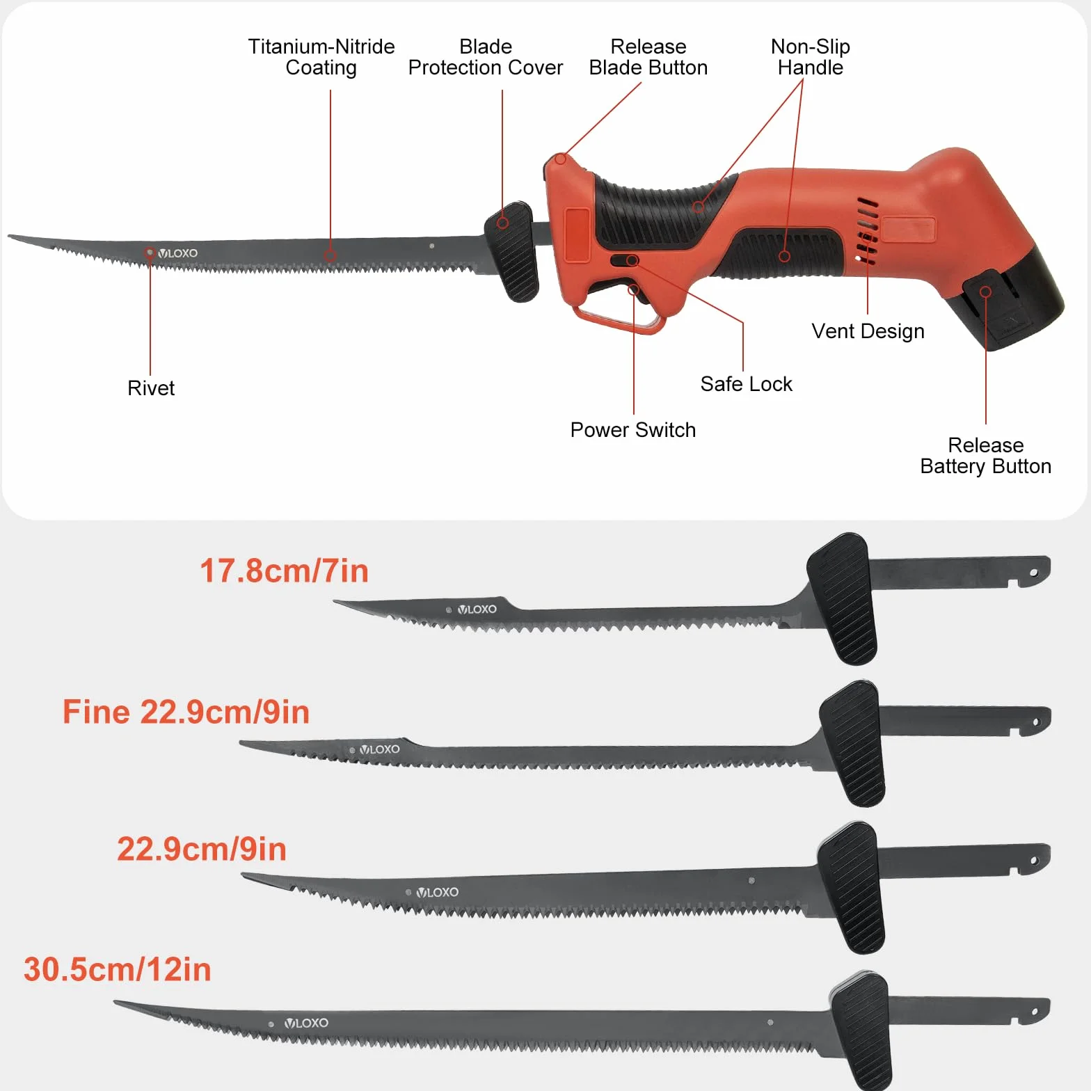 VLOXO Couteau à Filet Électrique, Couteau à Poisson Professionnel avec 4 Lames en Revêtement TiN en Acier Inoxy et Verrou de Sécurité pour Viandes, Poissons, Surgelés et Cuisine