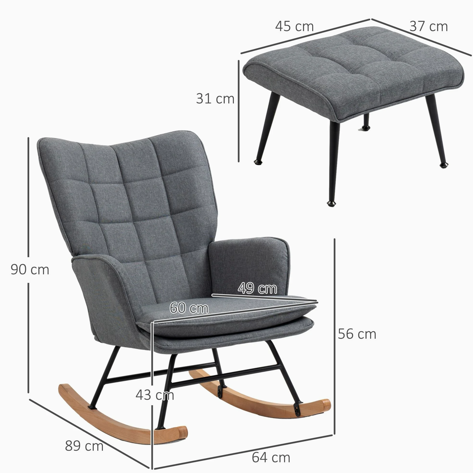 HOMCOM Fauteuil à Bascule avec Repose-Pieds, Rocking Chair en Tissu Aspect Lin, Assise Large, Dossier Haut, Coussin Inclus, Chaise à Bascule pour Salon, Chambre, Gris