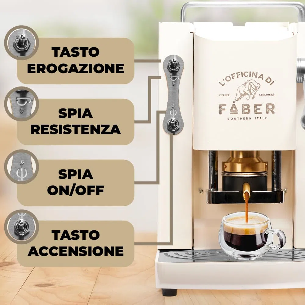 FABER COFFEE MACHINES | Modèle Pro Deluxe | Machine à café à dosettes ese 44mm | Finition Chrome | Pressacialda en laiton (Pure White)