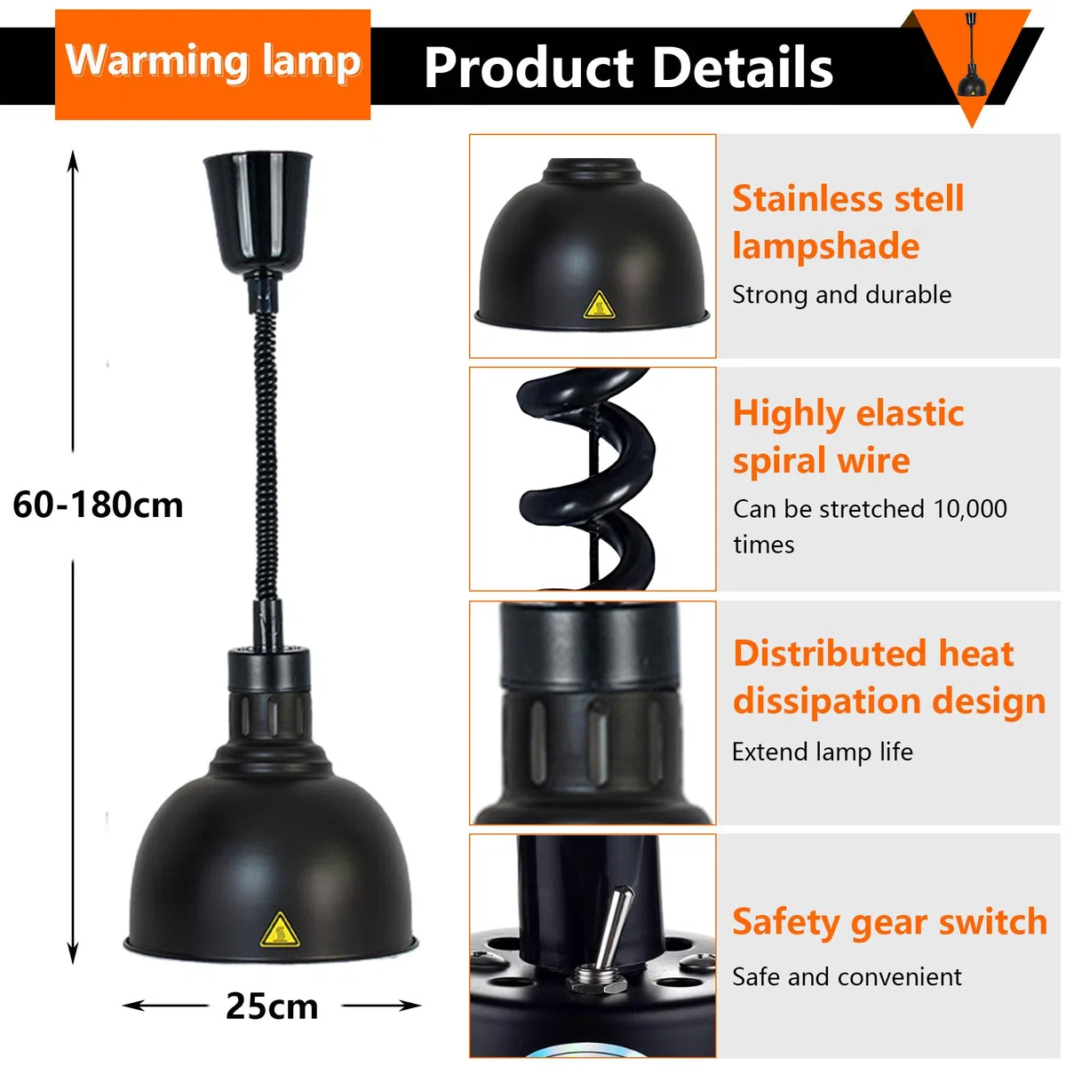 Lampe Chauffante de Cuisine Professionnelle, 250W Lampe Chauffe Plat Buffet Suspendue, Lampe de Chauffante Commercial pour Hôtels, Buffets et Pizza, Hauteur Réglable 60-180cm