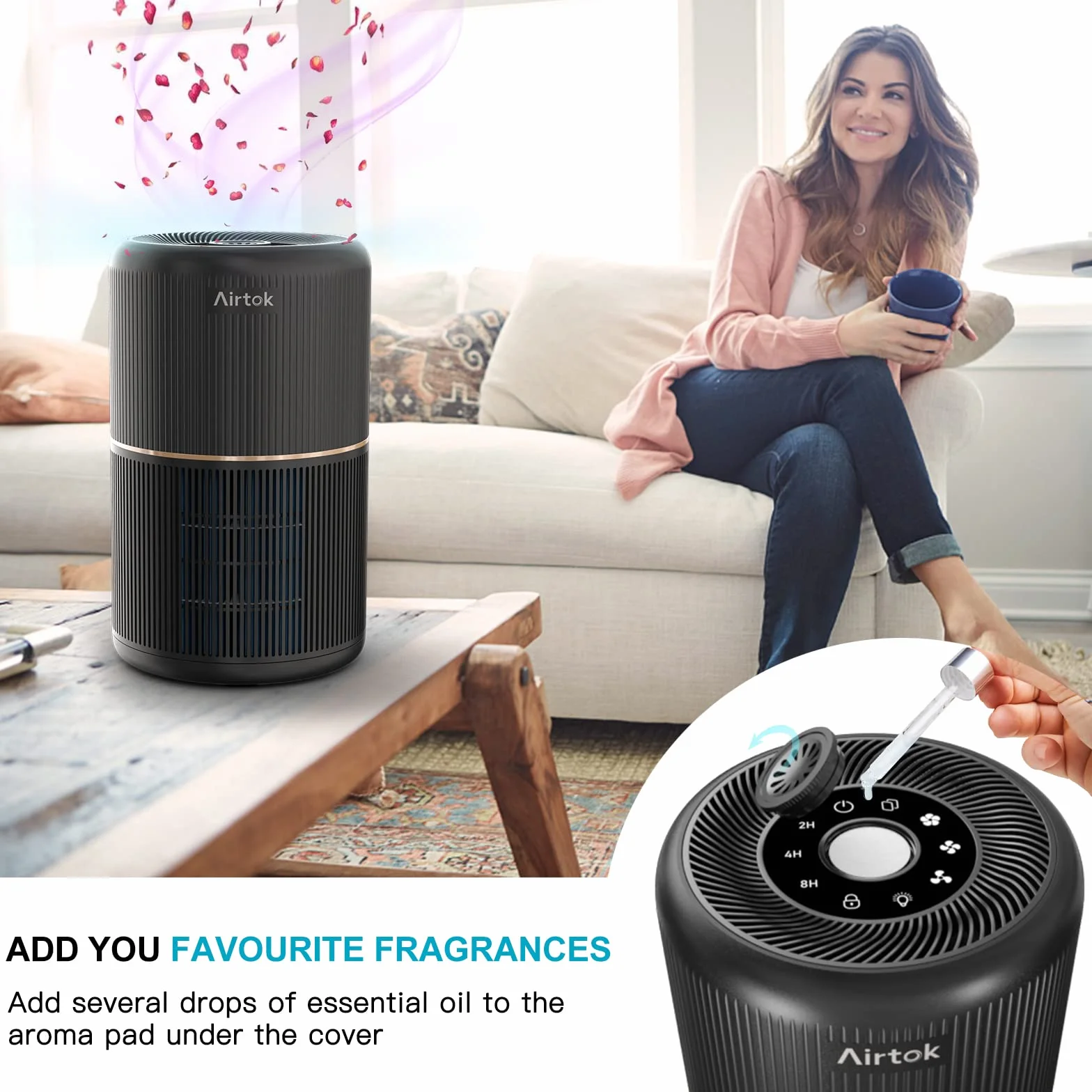 AIRTOK Purificateur d'air avec 12 éponges parfumées, purificateur d'air H13 HEPA élimine la poussière, les odeurs d'animaux, purificateur d'air domestique 4 étapes filtre à air pour chambre, bureau