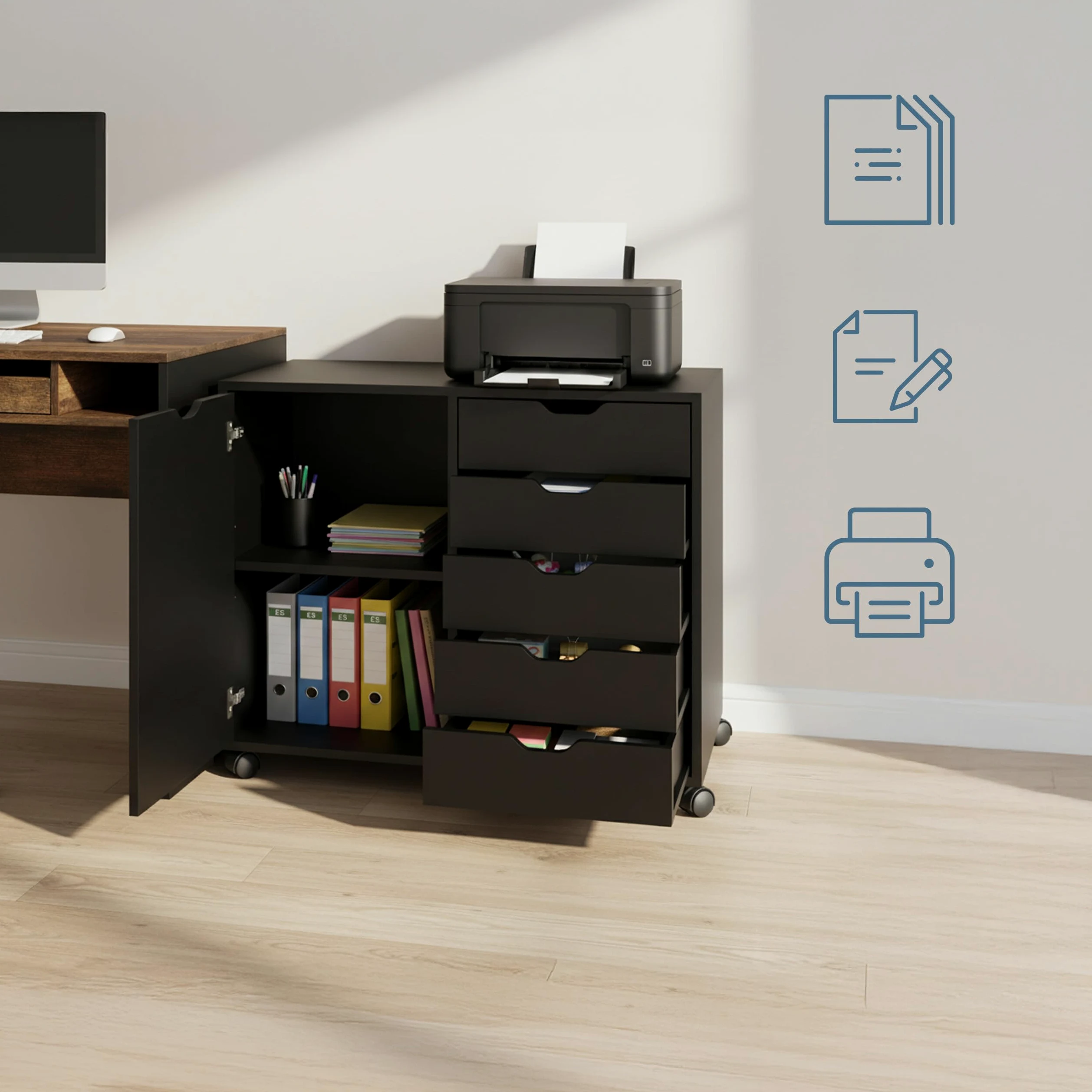 Conteneur à roulettes Relaxdays, 5 tiroirs, H x L x P : 65 x 78 x 40 cm, Armoire de Bureau, Noir