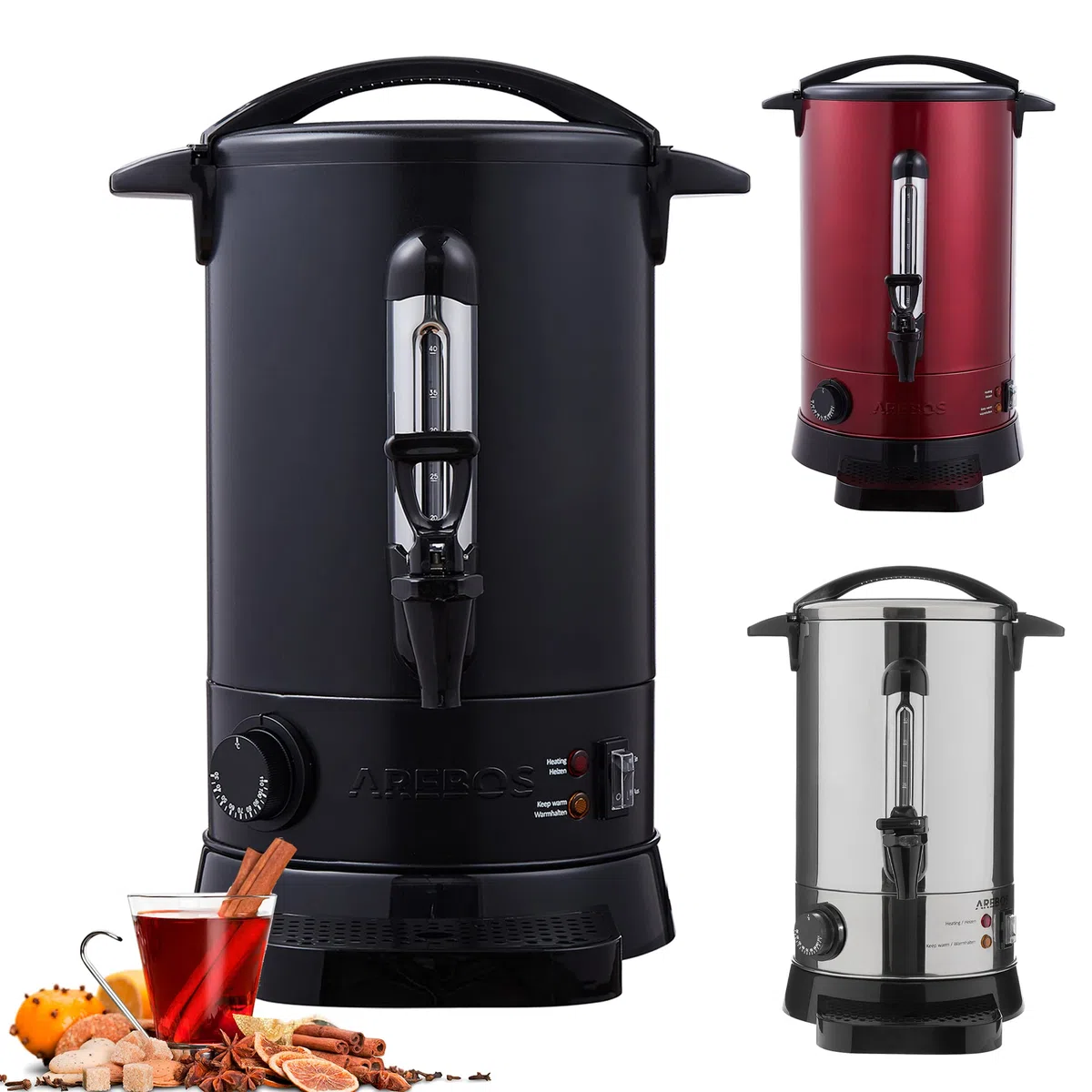 Arebos Distributeur de Boisson Chaudes 950W | Chaudière à eau 8,8L 40 Tasses | Marmite à Vin Chaud en Inox | Thé Café Soupe Dispositif de réchauffement |Thermostat | Réglage de la température 30-110°C