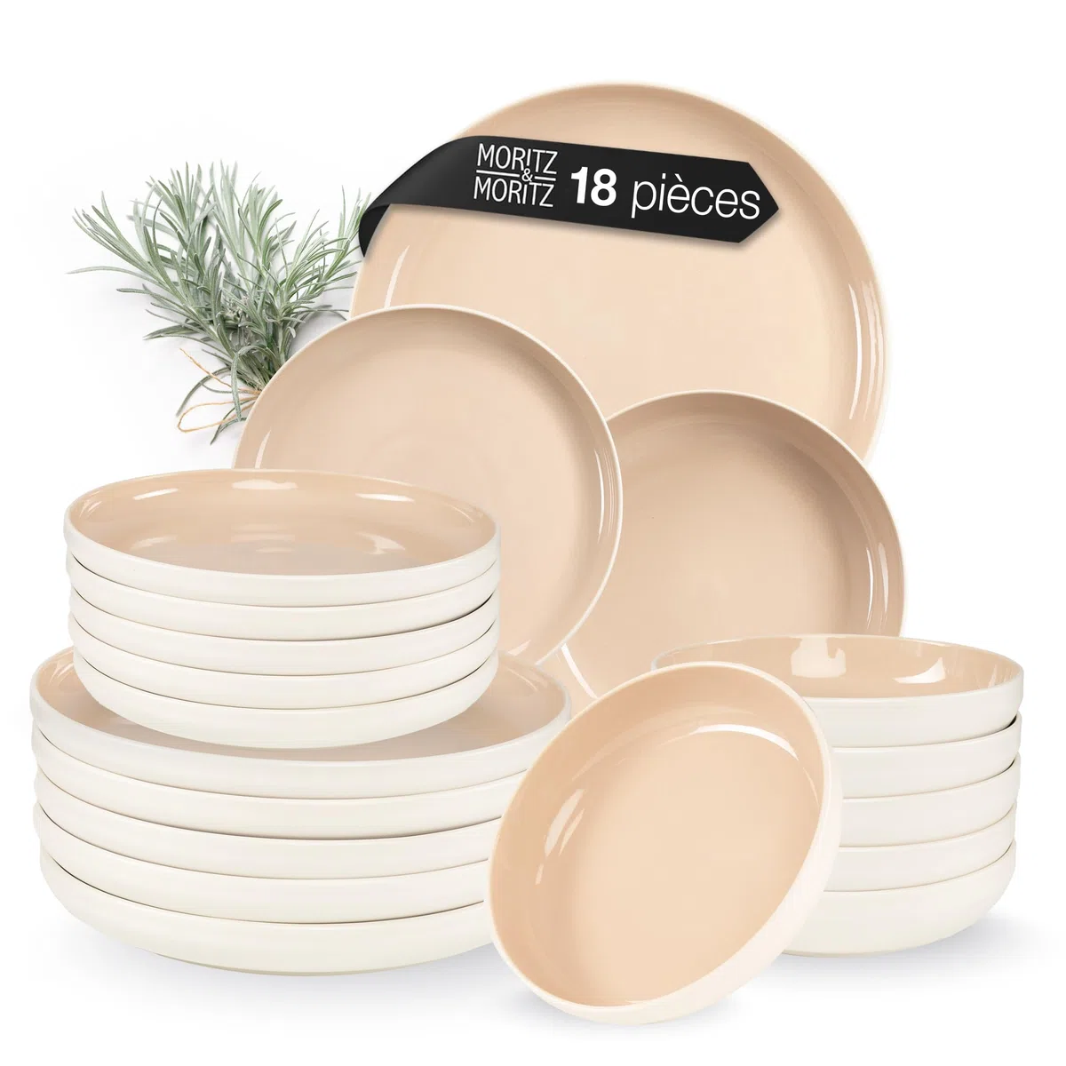 Moritz & Moritz CAVO Service de table 18 pièces pour 6 personnes Almond – Assiettes en grès – Service de table moderne avec assiettes plates, assiettes à dessert et bols à soupe – Élégant et robuste