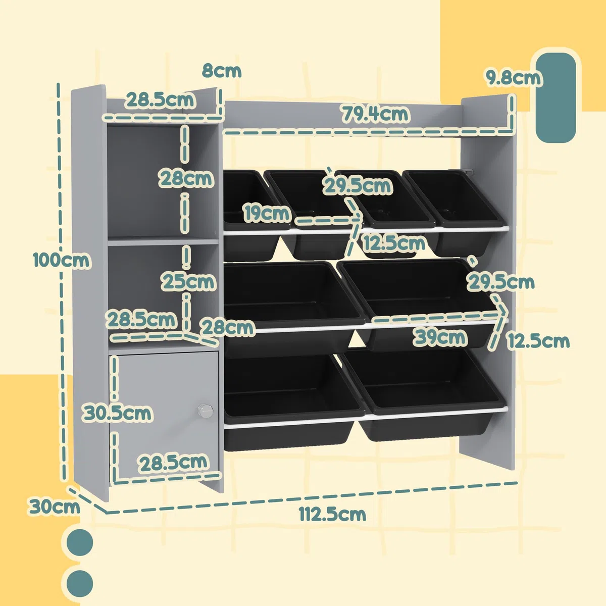 AIYAPLAY Meuble de Rangement pour Jouets, avec 8 bacs Amovibles, étagères de Rangement, Armoire, Organisateur de Jouets, pour Salle de Jeux, Chambre d'enfant, crèche, Gris