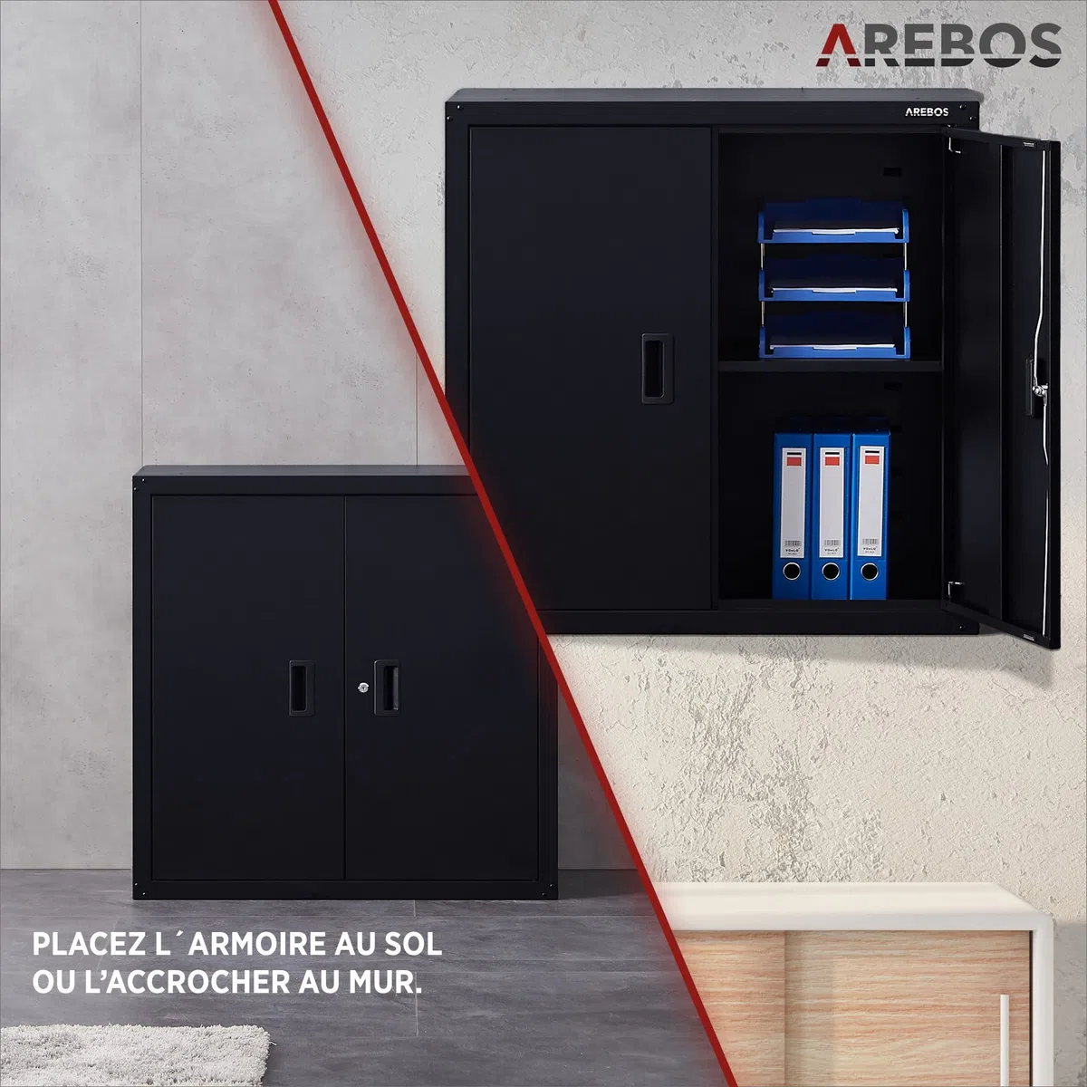 AREBOS Armoire de Bureau en Acier Noir 90x90x40 cm | 1 étagère réglable en Hauteur | Armoire de classement et Rangement Robuste pour Documents et Fournitures