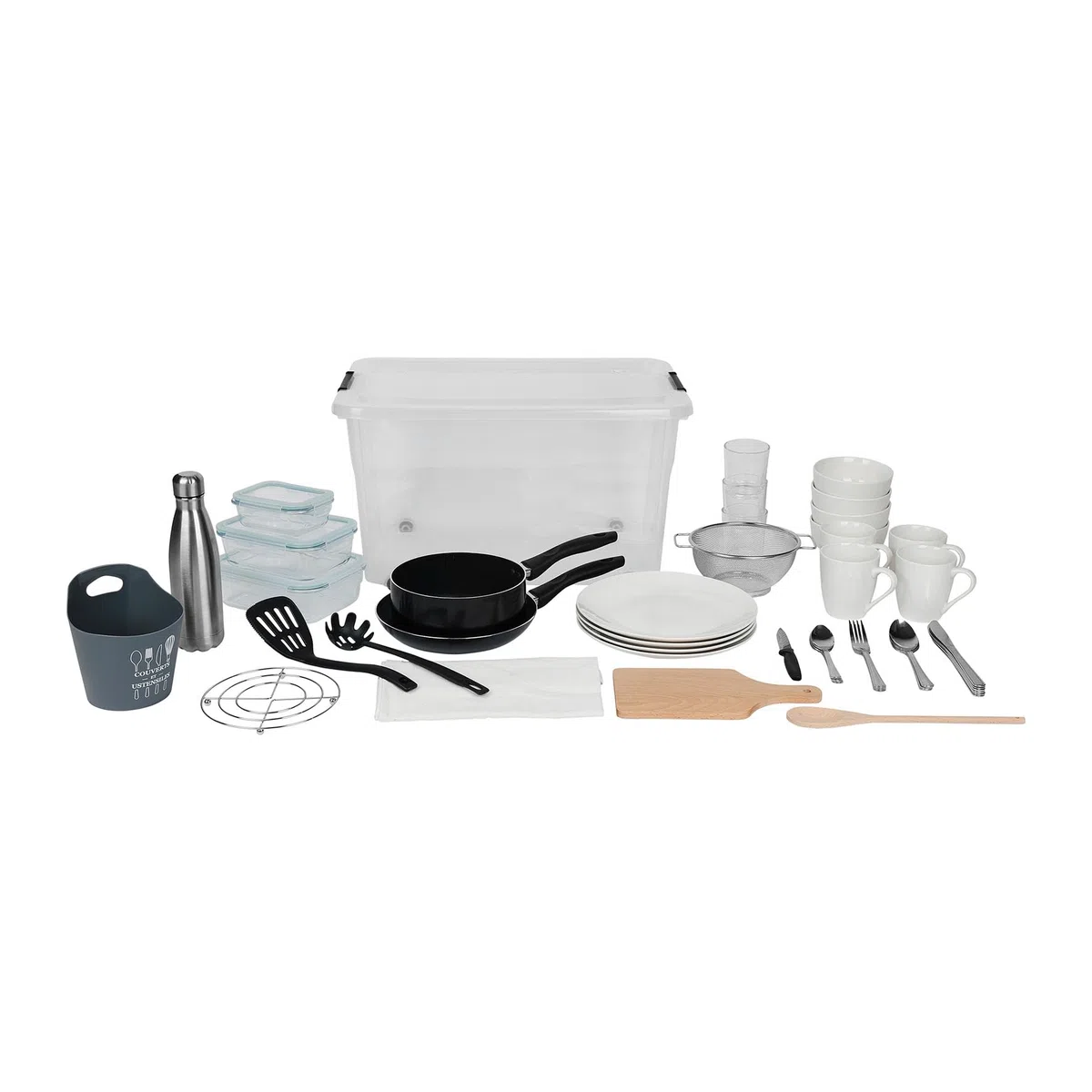 Crealys 544703 kit de démarrage étudiant, célibataire - Starter kit Vaisselle & Ustensiles Complets - Boîte Rangement 56.5L, Assiettes, Mugs, Verres, Couverts, Poêle Induction, etc.