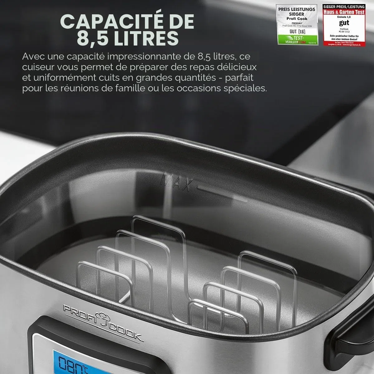 ProfiCook Cuiseur sous vide avec capacité de 8,5L | pour une cuisson précise | Cuve avec minuterie de 72 heures | Fonctions cuisson douce, yaourtière & maintien au chaud | PC-SV 1112