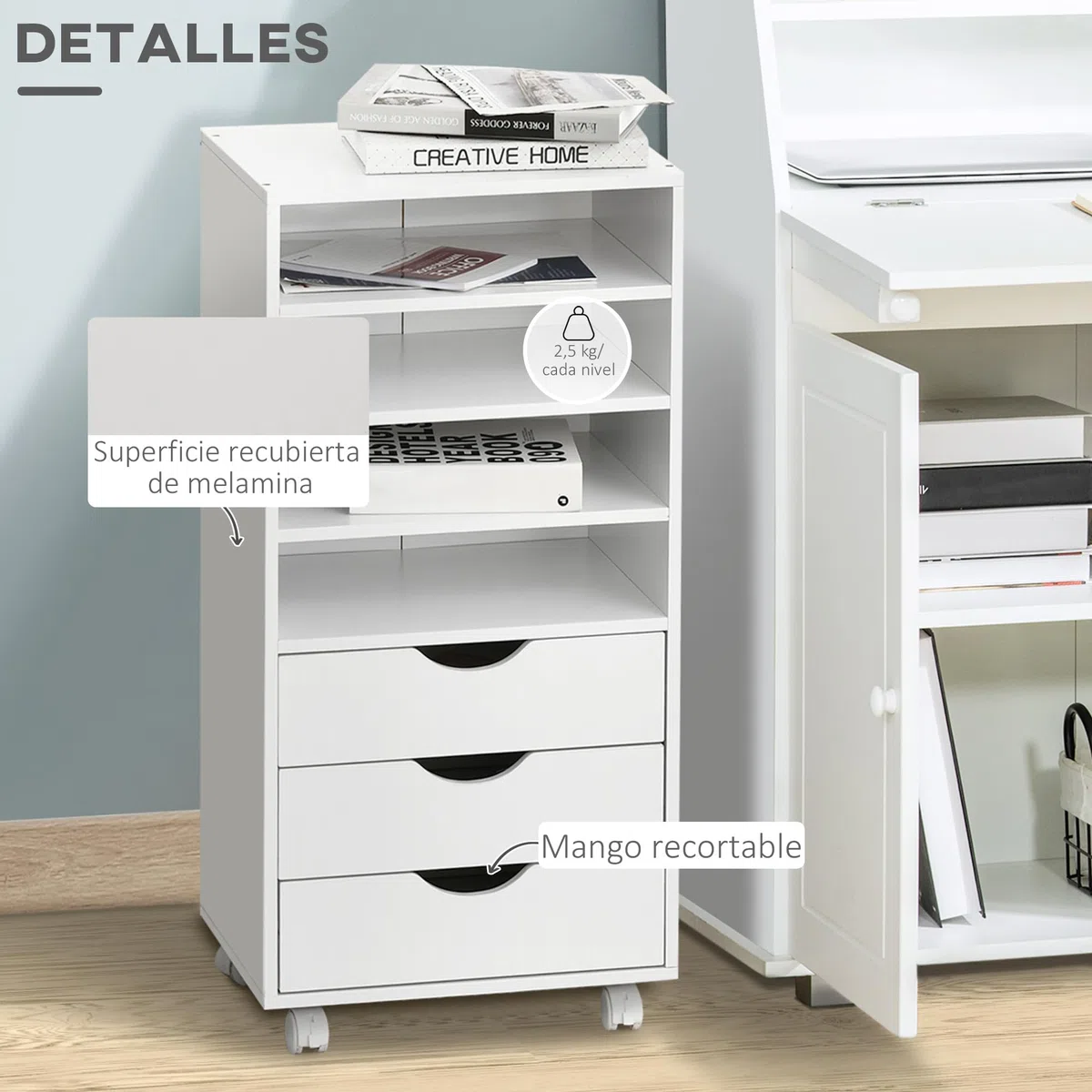 Vinsetto Commode de Bureau à Roulettes avec 3 Tiroirs et 4 Étagères Ouvertes - Bureau et Étude - Blanc - 40 x 30 x 83 cm