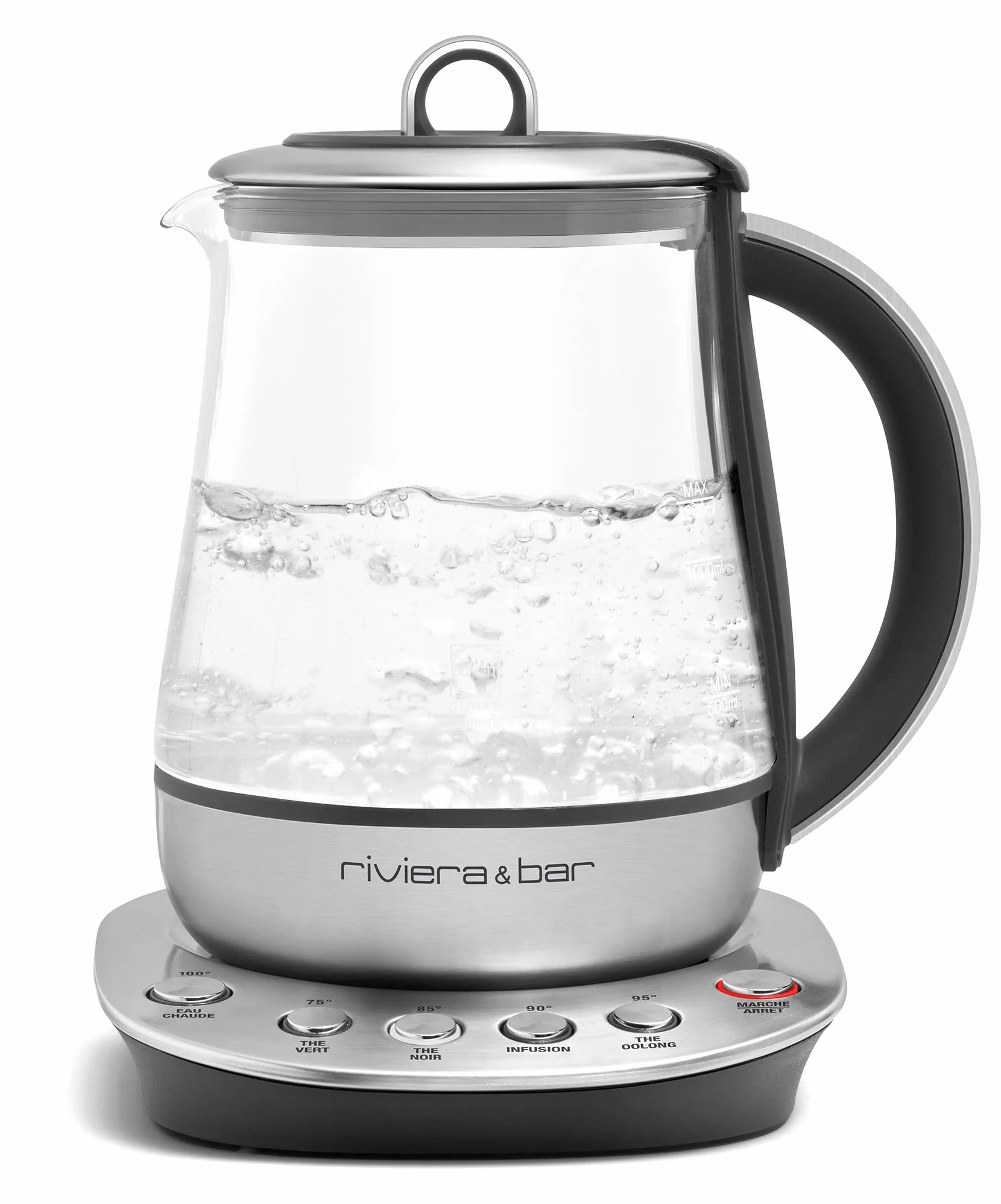 riviera&bar Théière Bouilloire à Température Réglable - Idéale pour Infusions et Thés Verts, Noirs, Oolongs, Maintien au Chaud, Signal Sonore Désactivable - Verre Trempé et Inox